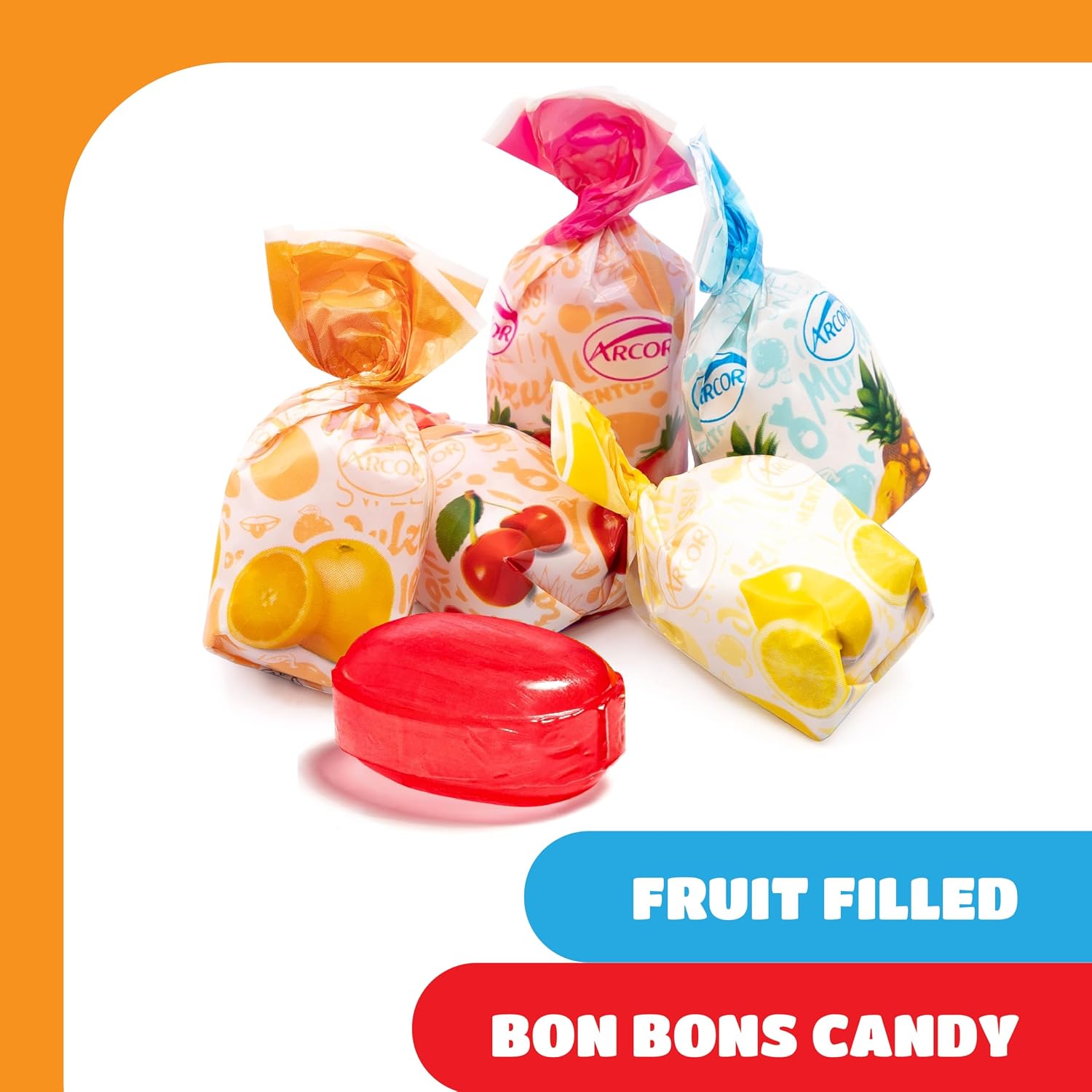 Arcor Fruit Filled Hard Candy, Bon Bons Candy - 2 Lb Bag | Pineapple, Strawberry, Orange, Cherry, Lemon, Office Candy