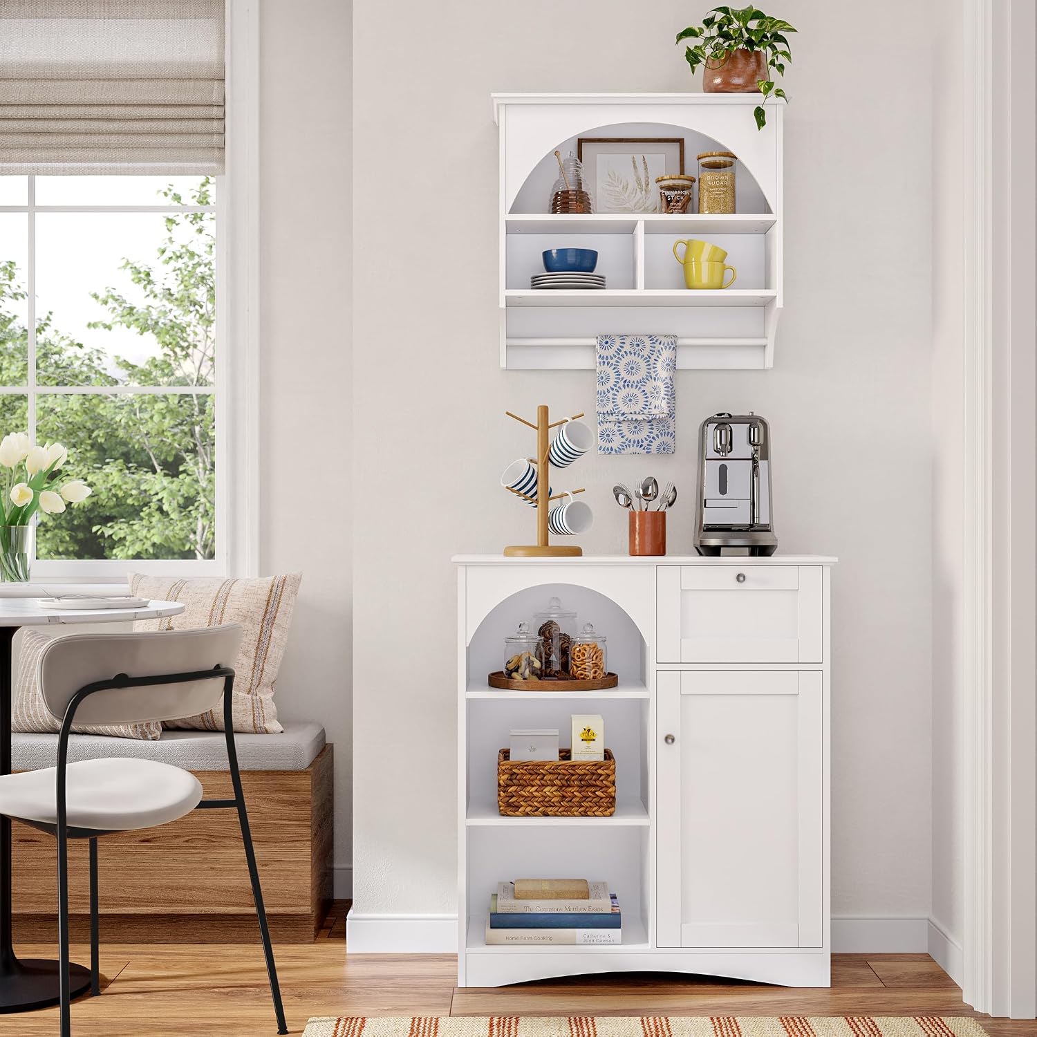 RiverRidge Kitchen Wall Shelf with Arch and Towel Bar, White | Wall-Mounted Pantry Spice Rack, 2 Shelves, Kitchen Storage Cabinet, Hand Towel Rack