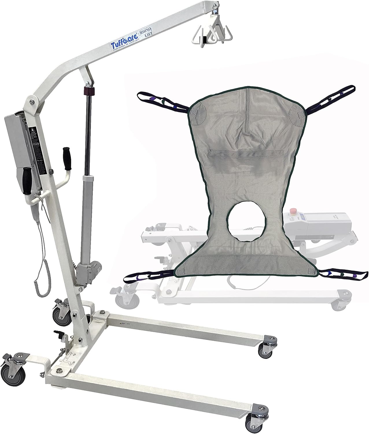 Electric Patient Lift - Rhino Lift with Manual Low Base - with Universal Divided Leg Sling(Large), 450 lb. Weight Capacity.