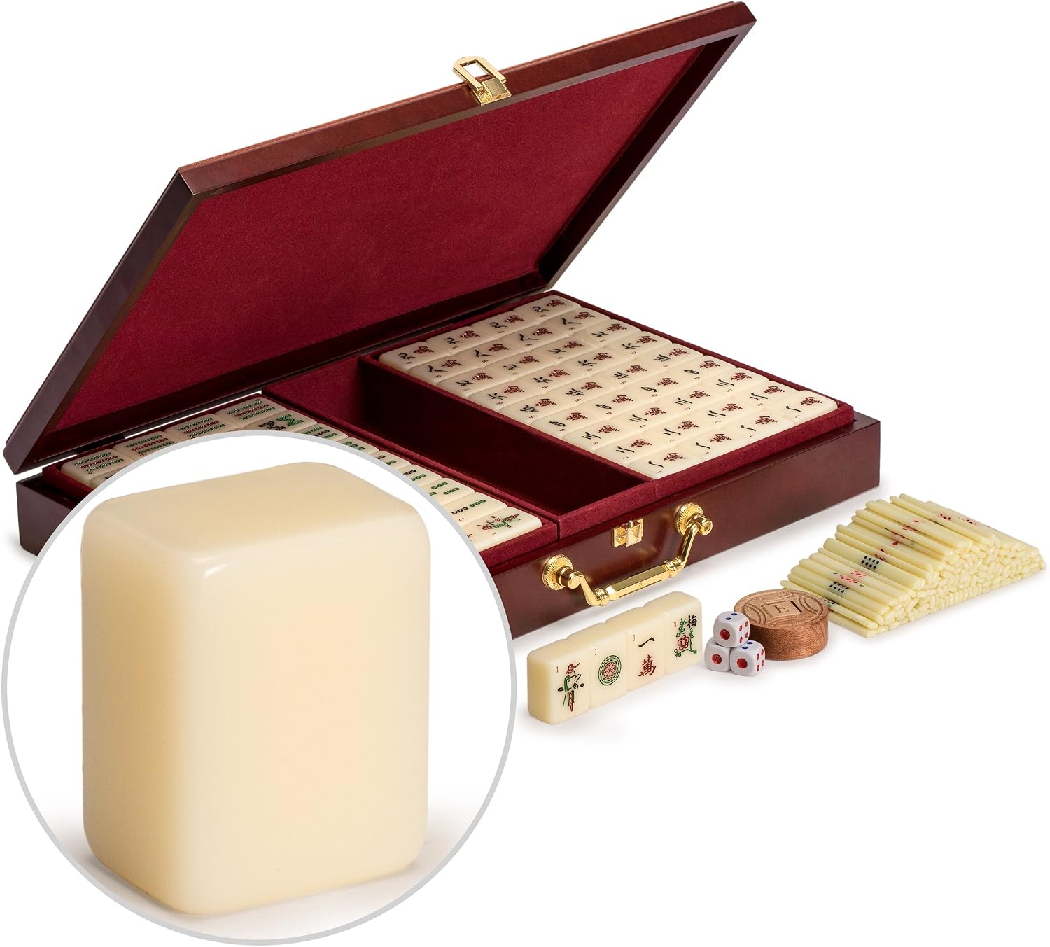 Yellow Mountain Imports Classic Chinese Mahjong Game Set, Emerald with 148 Medium-Size Translucent Green Tiles and Wooden Case