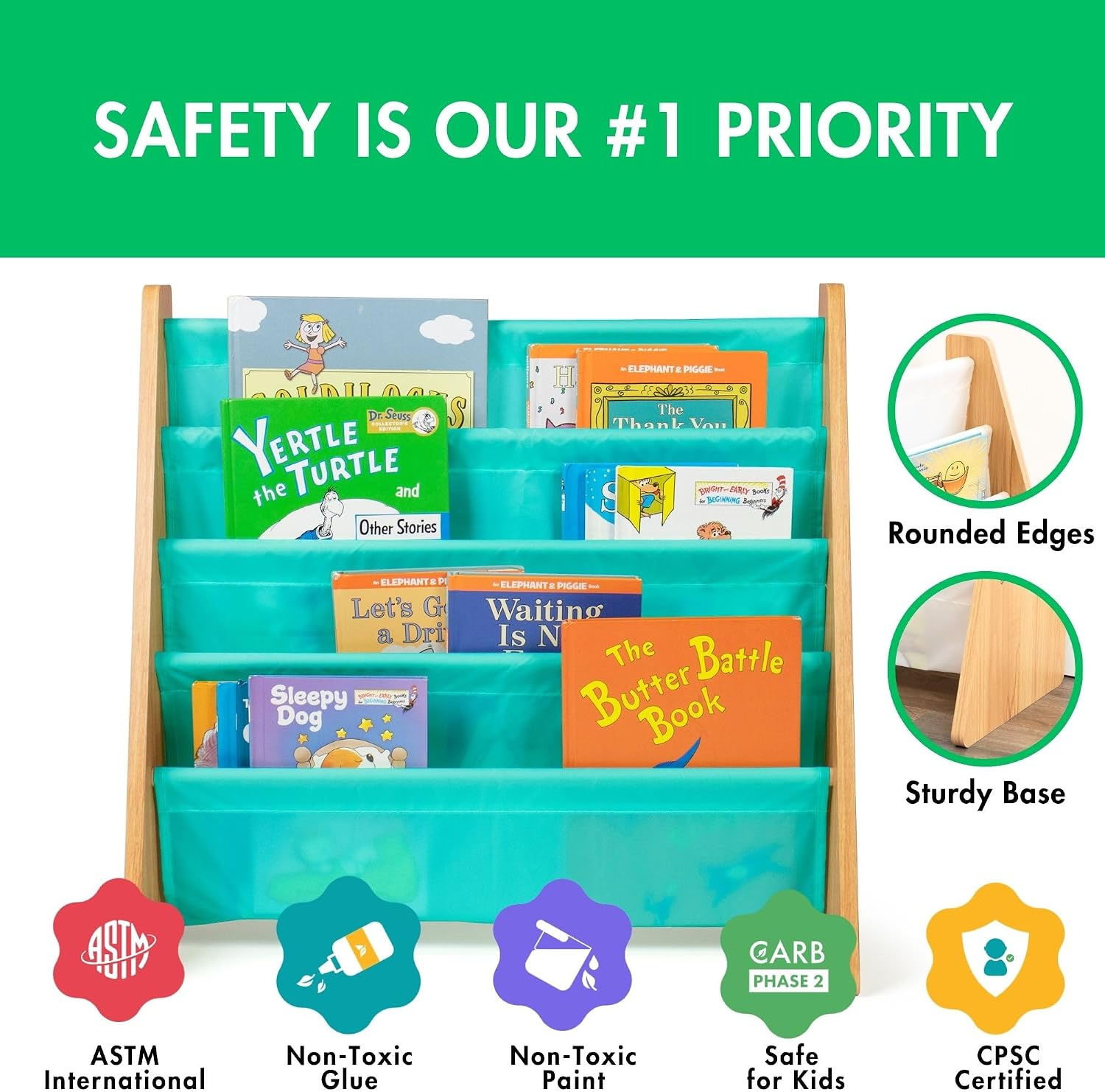 Humble Crew Kids Bookshelf, Montessori Front Facing Toddler Bookcase 4 Tier | Book display rack and reading nook organizer, nylon pockets show covers face out, compact for any playroom or bedroom space