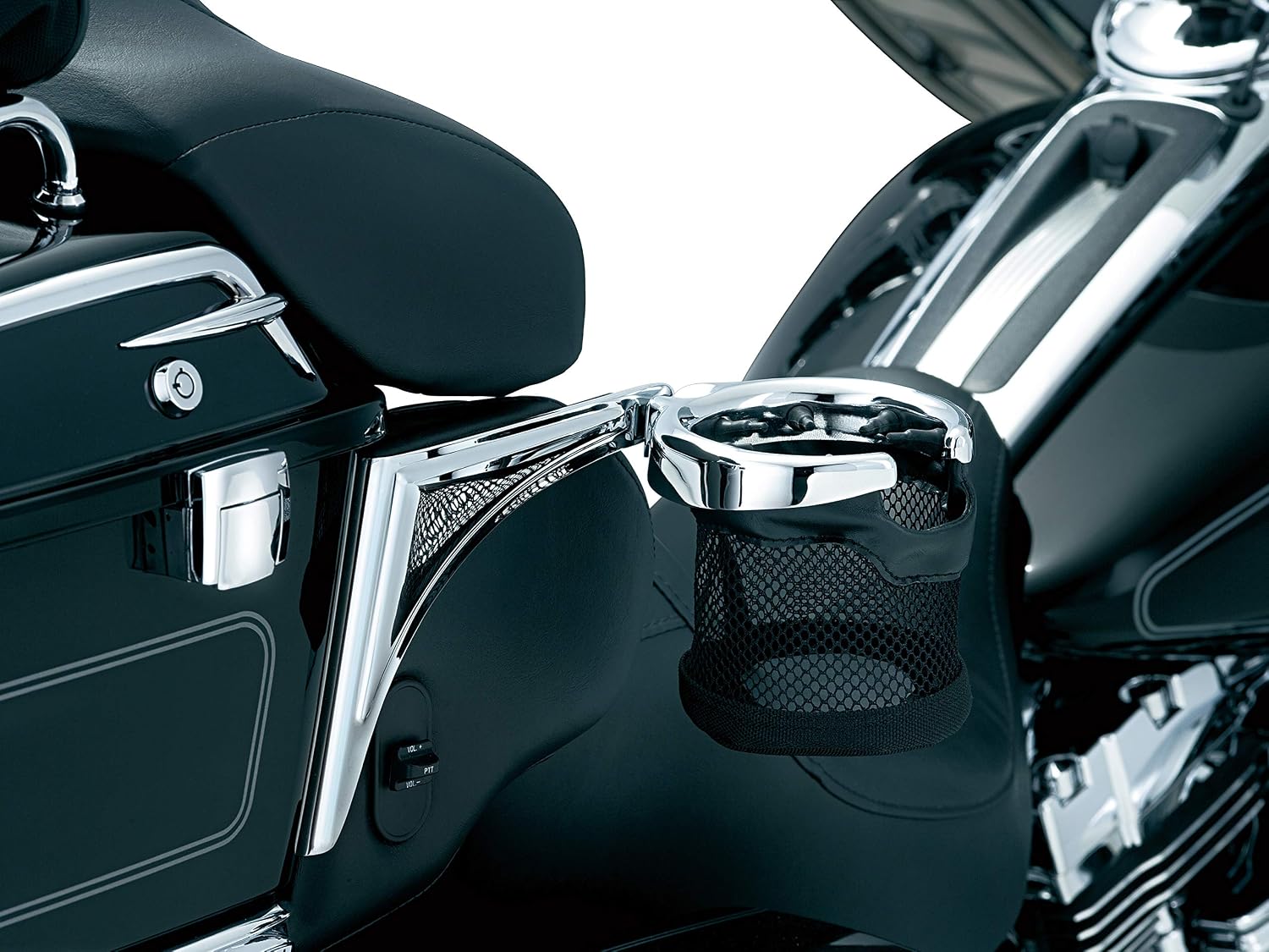 Kuryakyn 1482 Motorcycle Accessory: Passenger Drink/Cup Holder with Mesh Basket for 1998-2013 Harley-Davidson Motorcycles, Right Side, Chrome
