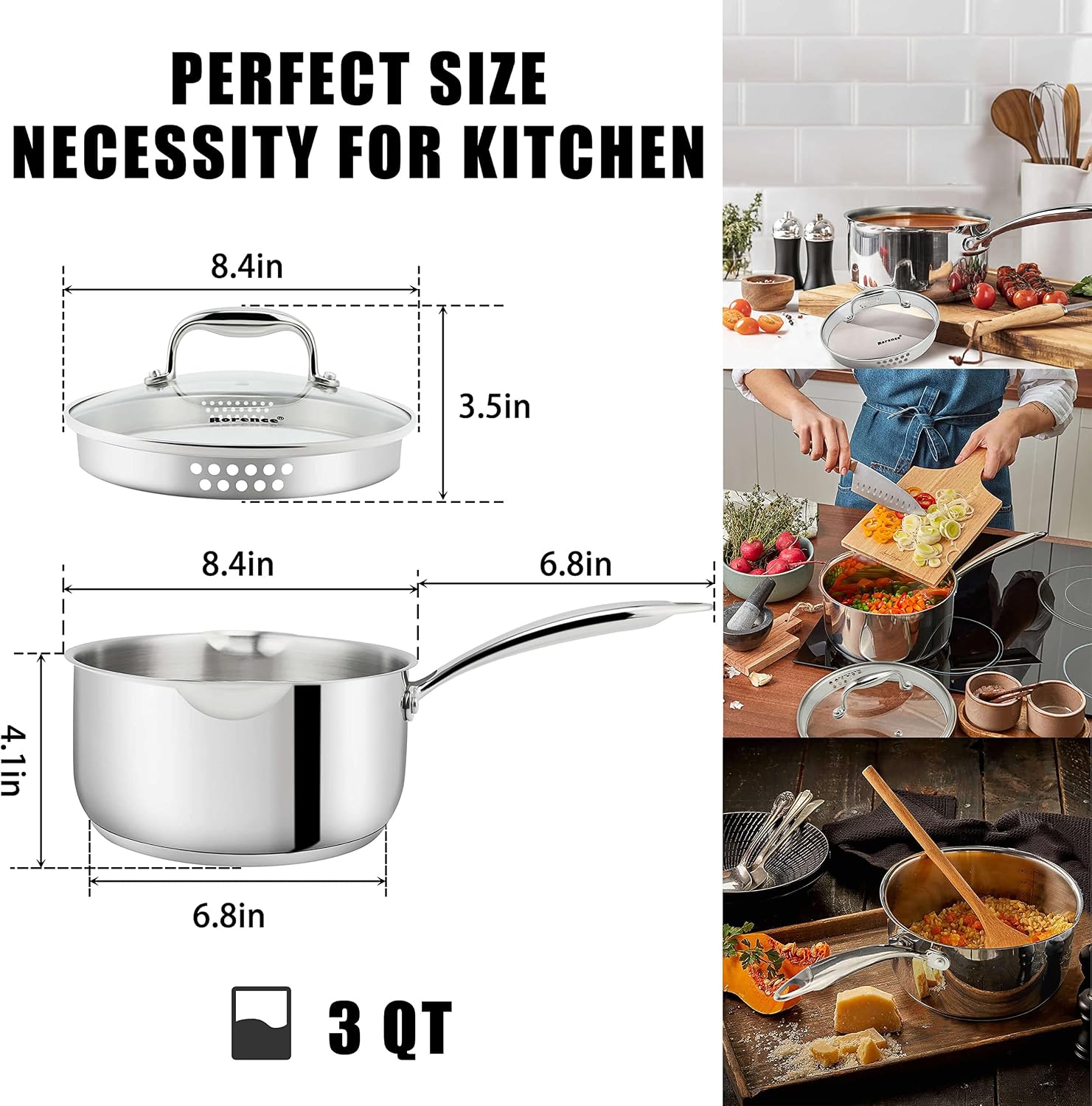 Rorence 3.7 Quart Stainless Steel Induction Sauce Pan with Lid | Stainless Steel Pot Saucepan with Pour Spout & Glass Lid with Strainer