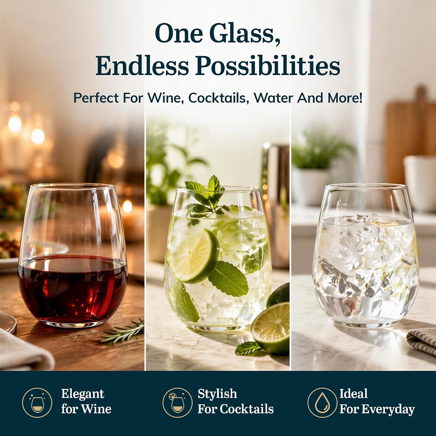 Libbey Classic Blue All-Purpose Stemless Wine Glasses Set 6, Timeless Wine Cups Set of 6, 15.25 Oz, Wine Glass Set for Dinners, Weeknights