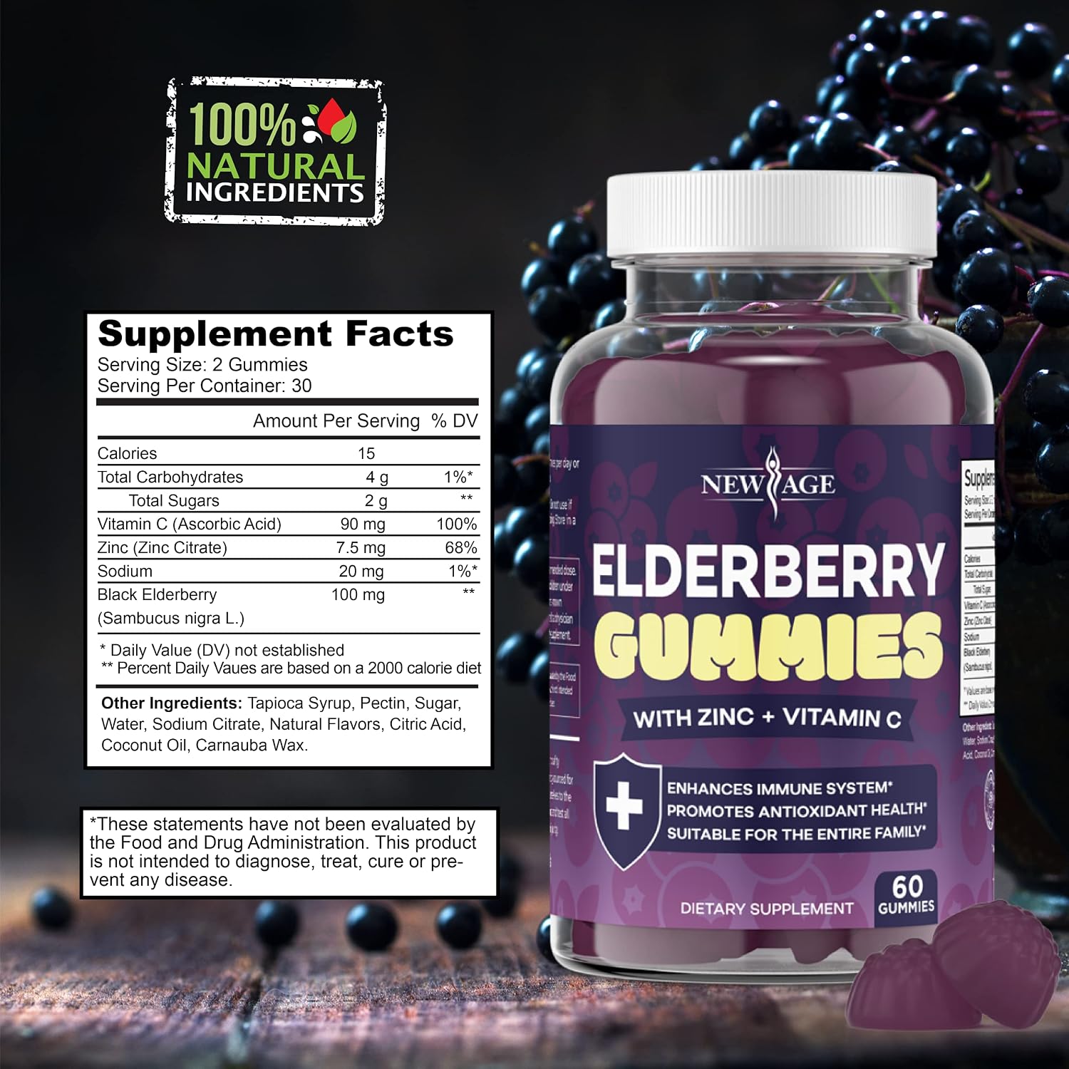 NEW AGE (2-Pack) Premium Elderberry Gummies for Adults Kids with Vitamin C, Zinc