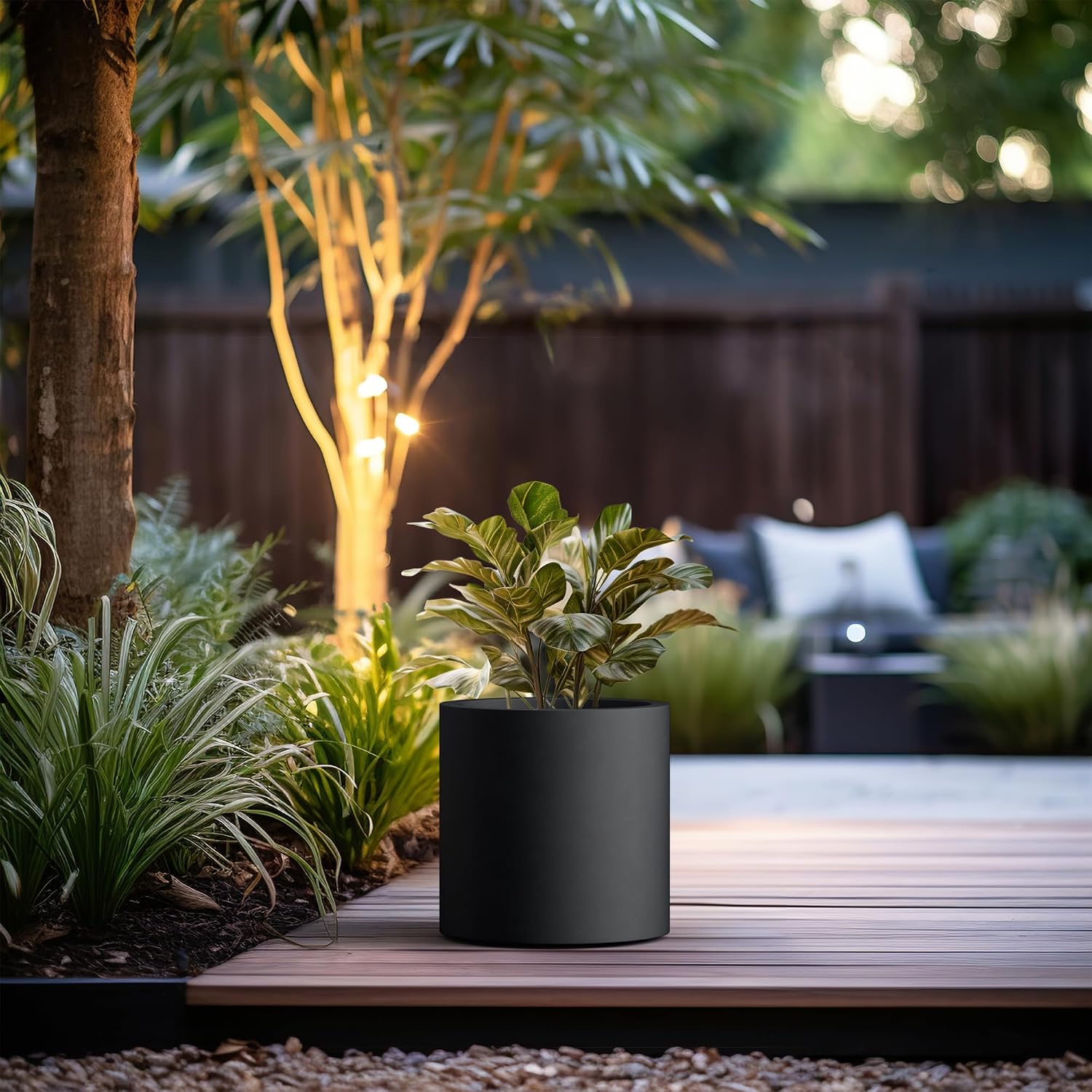 Kante Large Round Cylinder Charcoal Concrete Planter 15.8" Tall, Outdoor