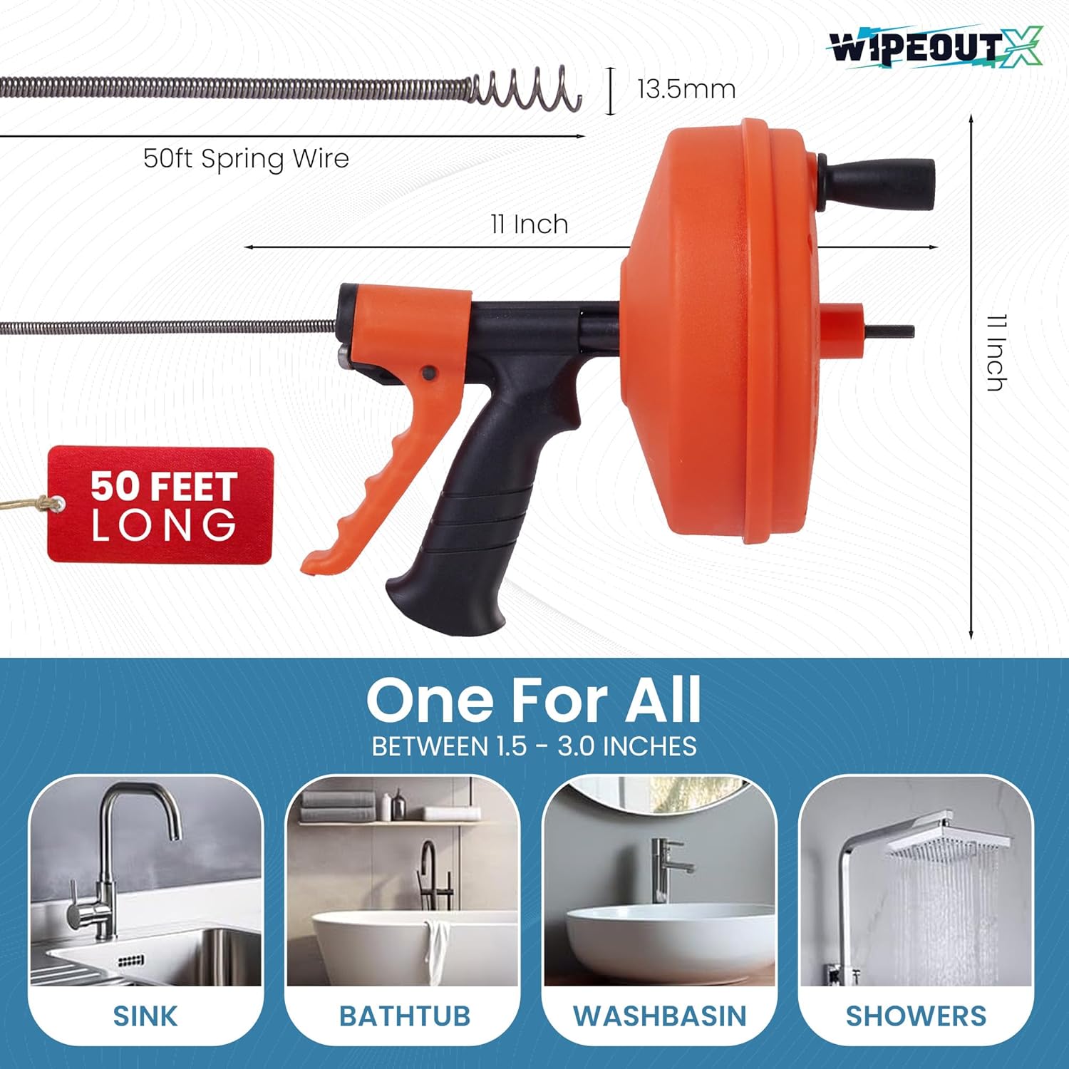 Drain Auger 50 Ft with Drill Attachment, Drain Snake Clog Remover Kit | Includes Gloves, Glasses, Brushes