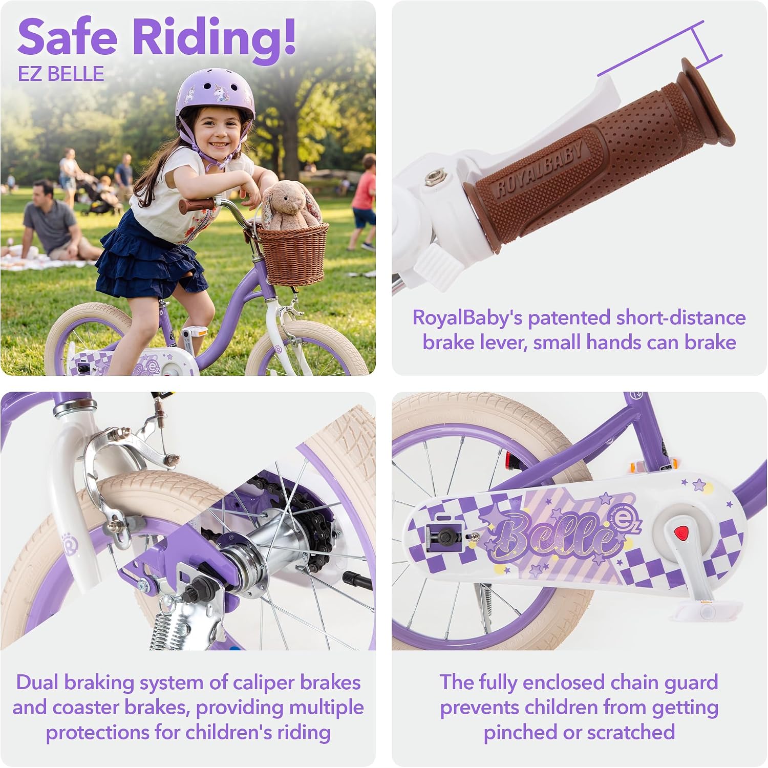 RoyalBaby Girls Bike Belle EZ Kids Bike, Balance and Pedal Bicycle, 14 16 18 Inch Wheel for Age 3-8 Years Toddlers to Big Kids, Pink & Purple