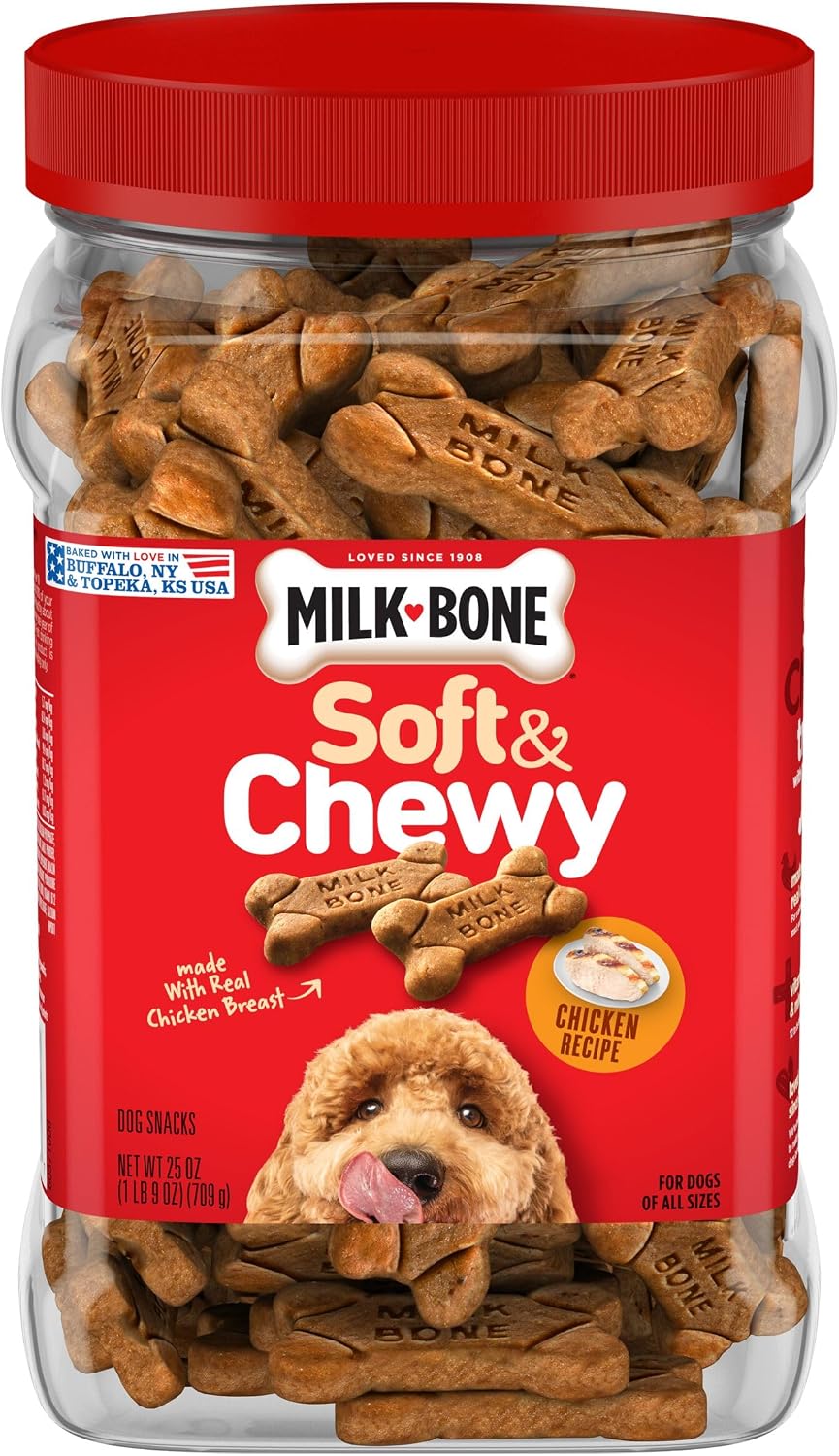 Milk-Bone Soft & Chewy Dog Training Treats, 25 oz Canister | Made with real chicken breast, soft dog treats for training and rewarding, 18% protein, fortified with vitamins and minerals