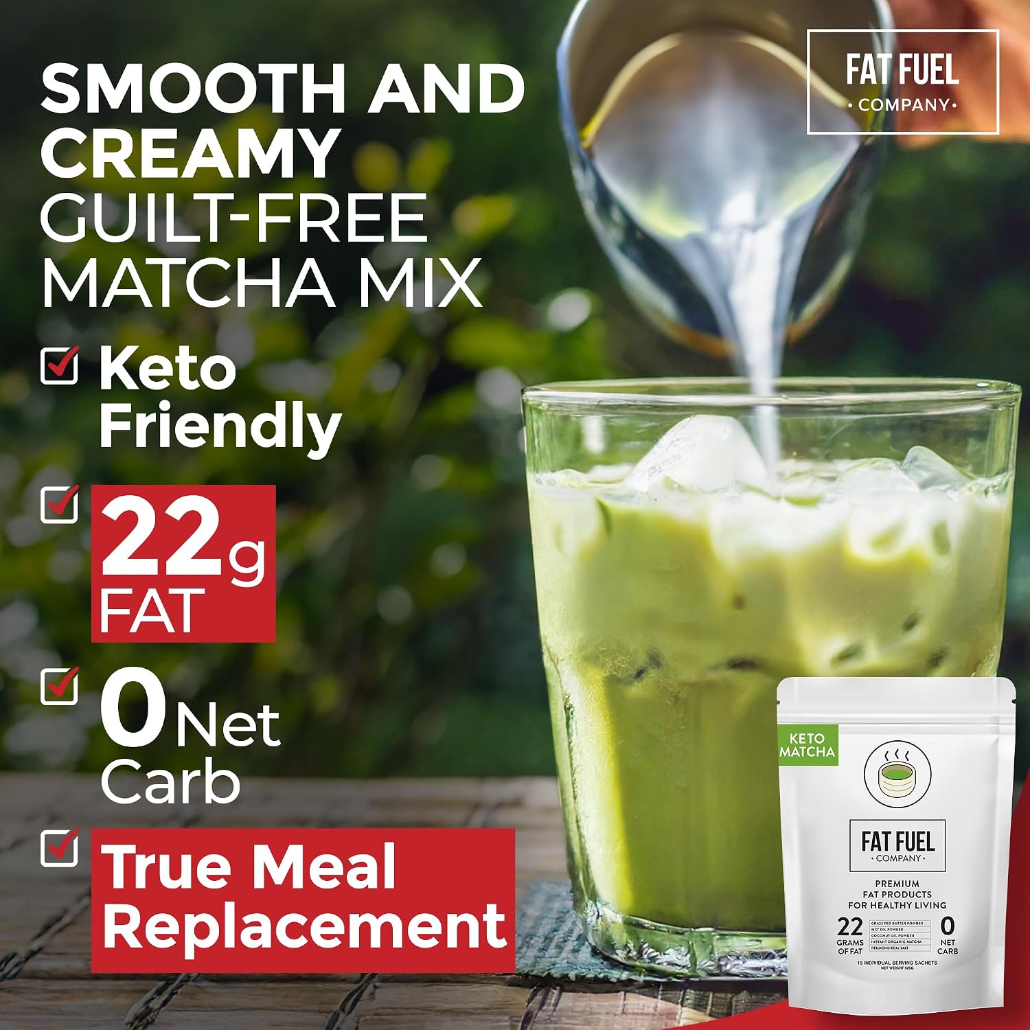 FAT FUEL Keto Matcha 22g Premium Fats - With Grass Fed Butter, MCT Oil, Coconut & Redmond Real Salt - Instant Organic Matcha, Zero Net Carb