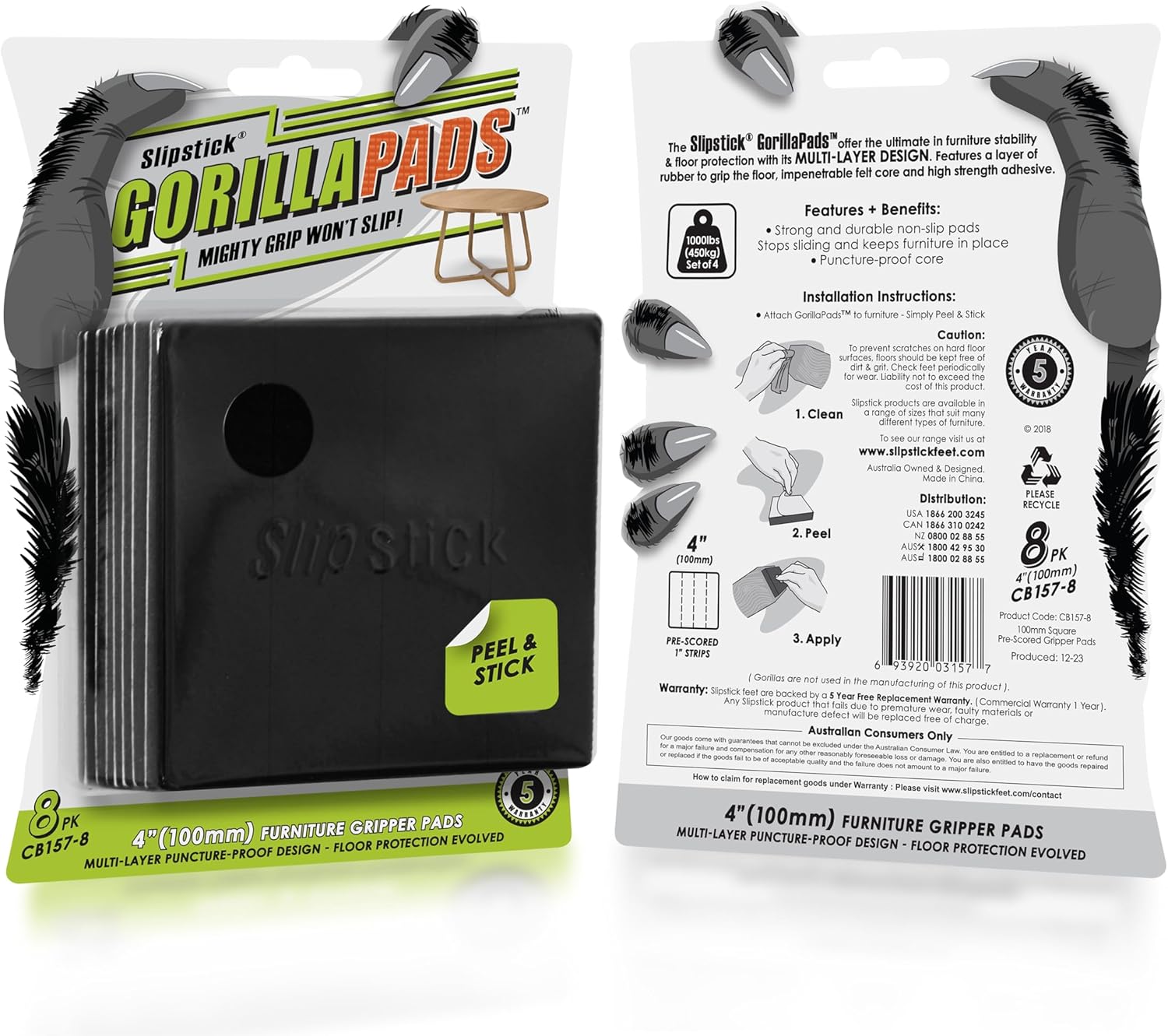 Slipstick GorillaPads CB149 Non-Slip Furniture Pads/Rubber Grippers (Set of 8) Self-Adhesive Furniture Feet Floor Protectors, 1-1/2 inch Round, Black