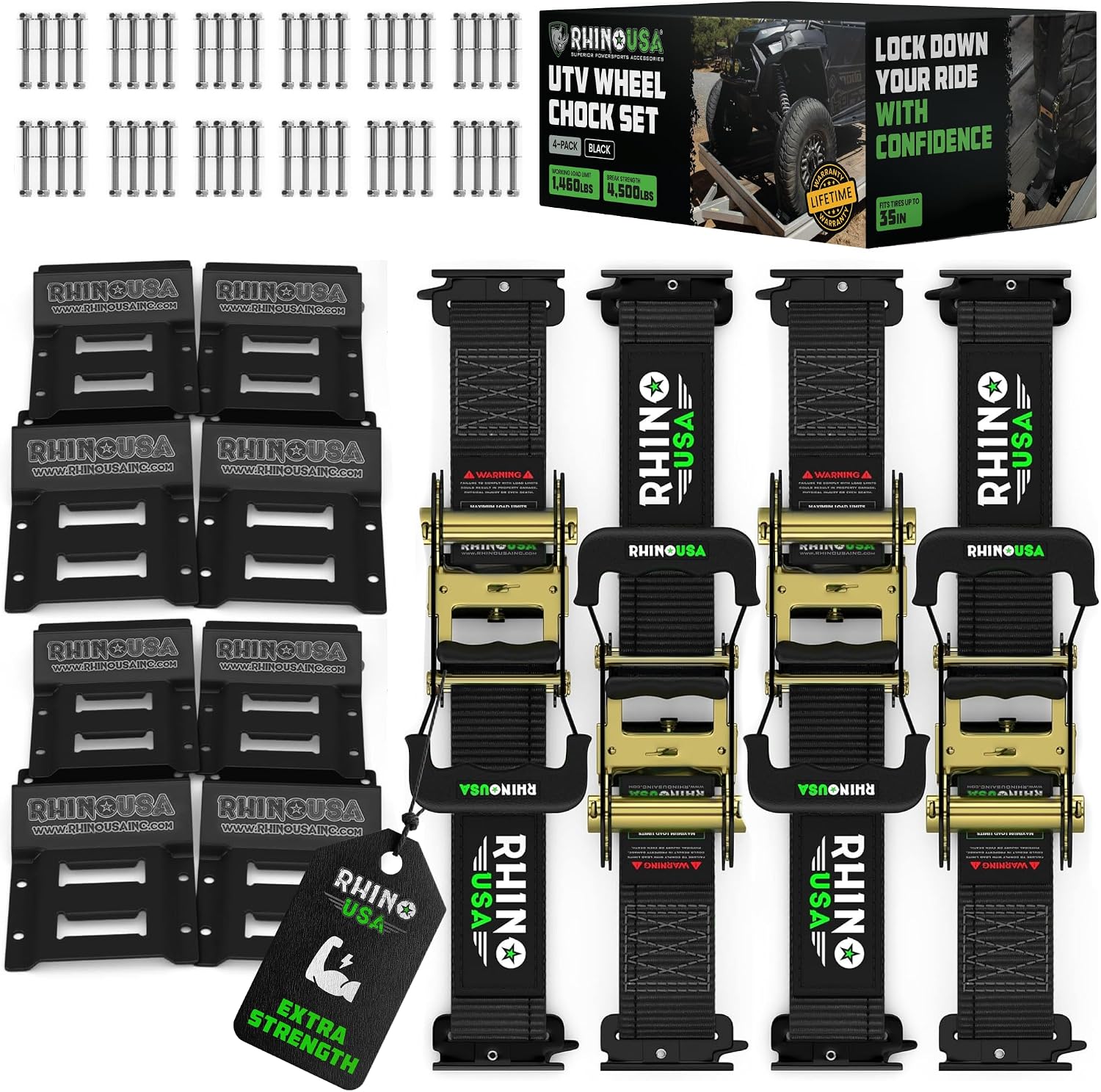 Rhino USA Wheel Chock Tie Down Kit (4,500lb) - 2 Straps & 4 Chocks