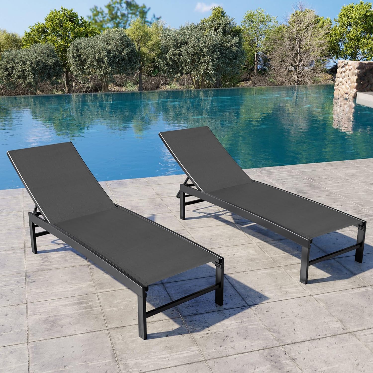 Crestlive Products Outdoor Pool Lounge Chairs Set of 2 with Side Table, Adjustable Five-Position Recliner for Beach, Pool, Sunbathing, Lawn