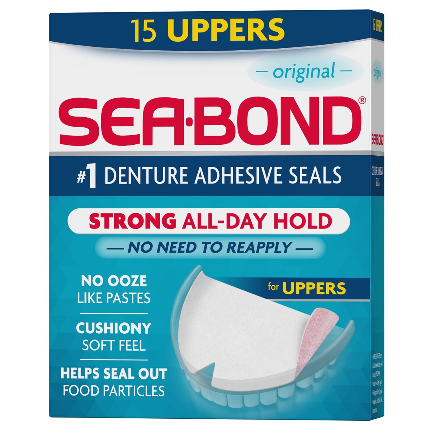 SEA BOND Denture Adhesive Seals, Original, Uppers, 30 Count (1 Pack) | Zinc-free denture adhesive seals for all-day hold. Soft cushiony seal without mess or ooze. Provides comfort and confidence.