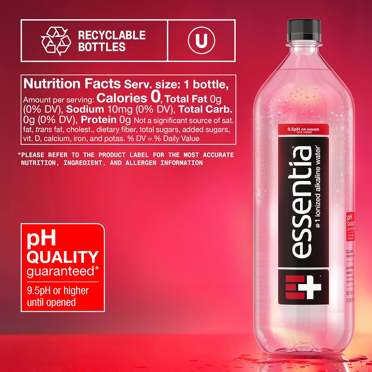 Essentia Water LLC, Ionized Alkaline Bottled Water; 99.9% Pure, Infused with Electrolytes, 9.5 pH or Higher a Clean, Smooth Taste, 20 Fl Oz (Pack of 24)