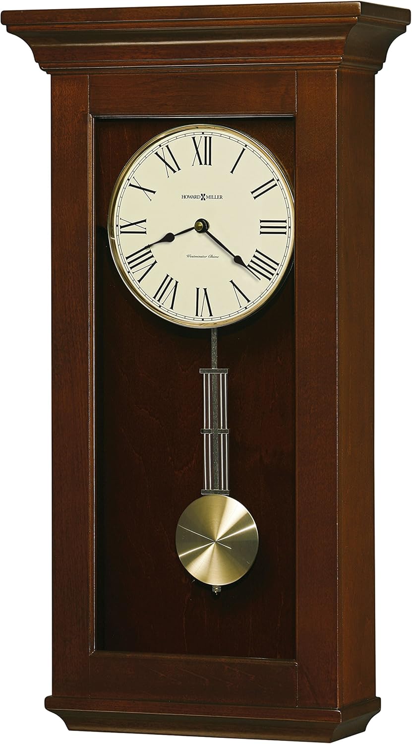 Howard Miller Continental Wall Clock – Westminster Chime, Brass Pendulum, Roman Numerals, Automatic Night Shutoff, Wood Finish