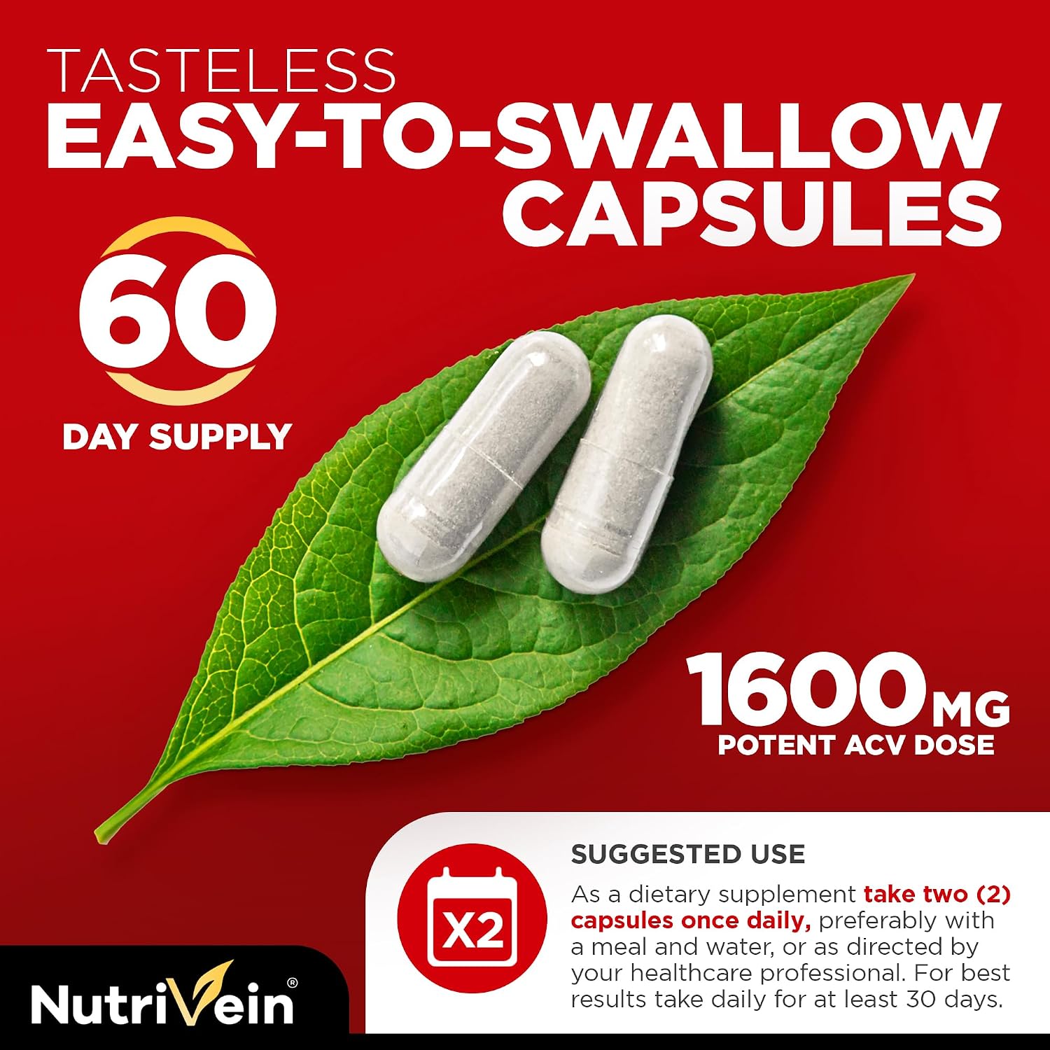 Nutrivein Apple Cider Vinegar Supplement with Mother 1600 mg - 120 Capsules | Unfiltered ACV pills for men and women. Supports digestion