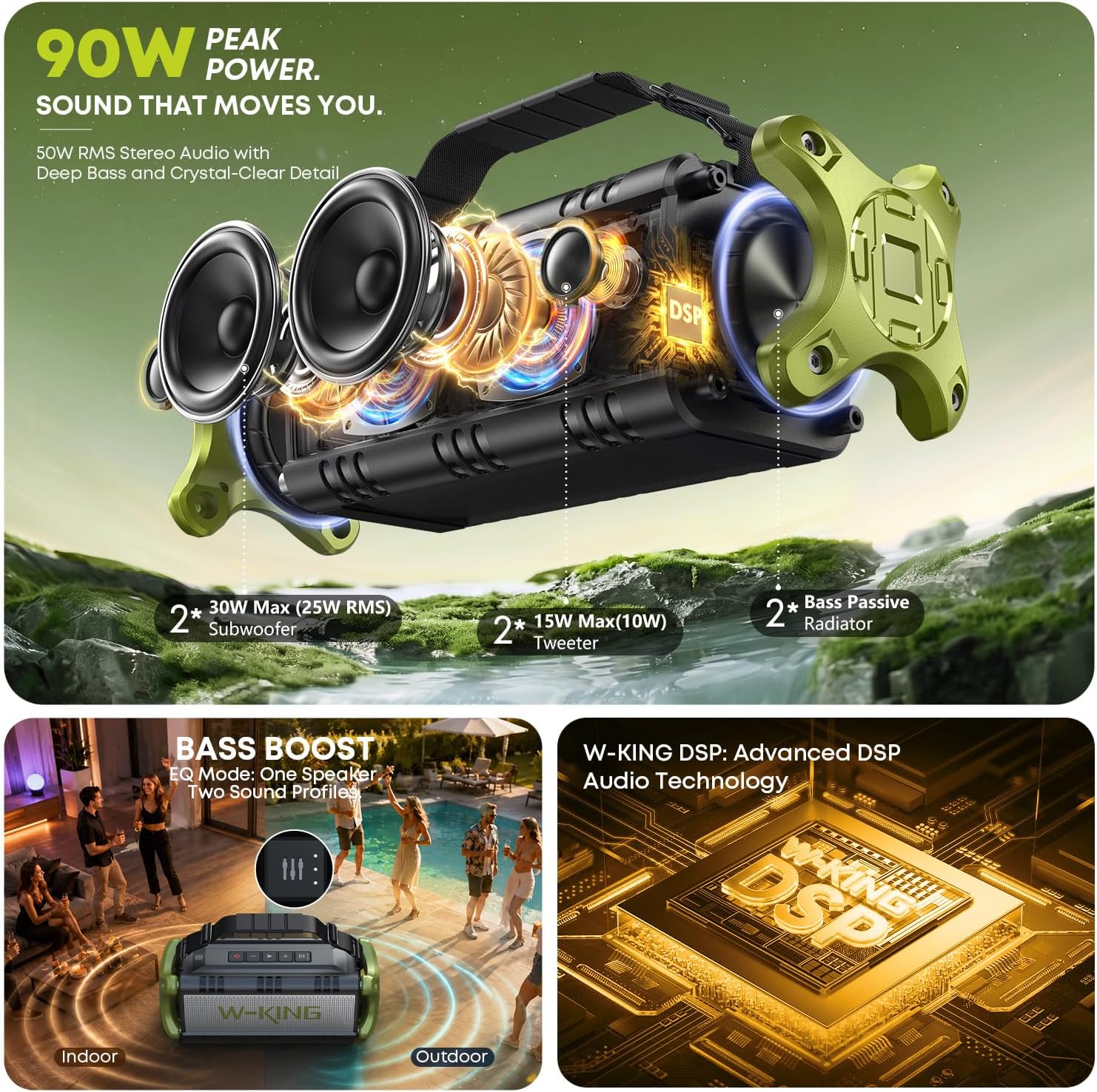 Portable Speakers Bluetooth Wireless, 90W Max Loud Outdoor Speaker with Deep Bass, IPX6 Waterproof, Floatable, Custom EQ, 40H, Dual Pairing