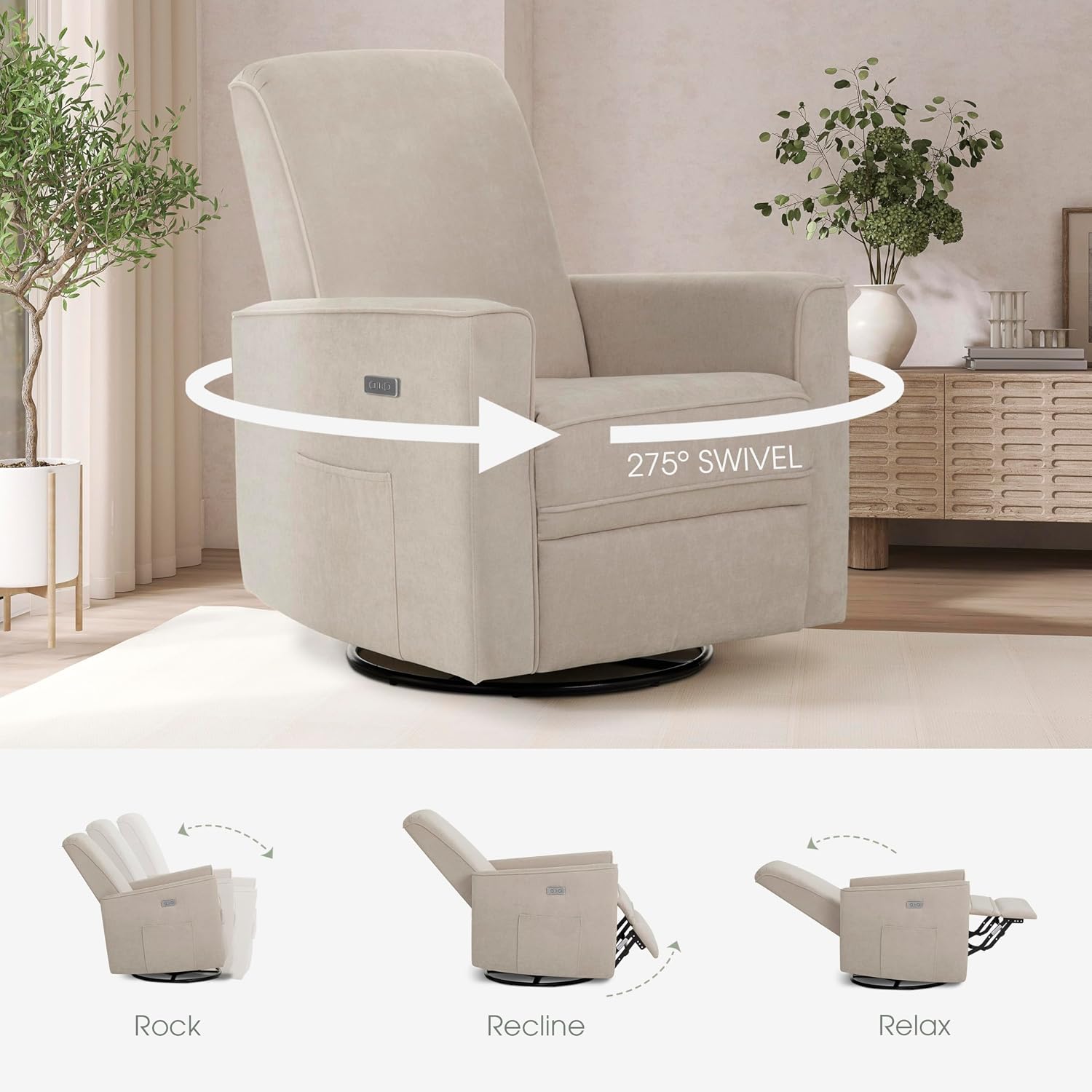 évolur Harlow Upholstered Power Glider Recliner with USB Charging – Rocking & 275° Swivel with Smooth Glide – Greenguard Gold & FSC