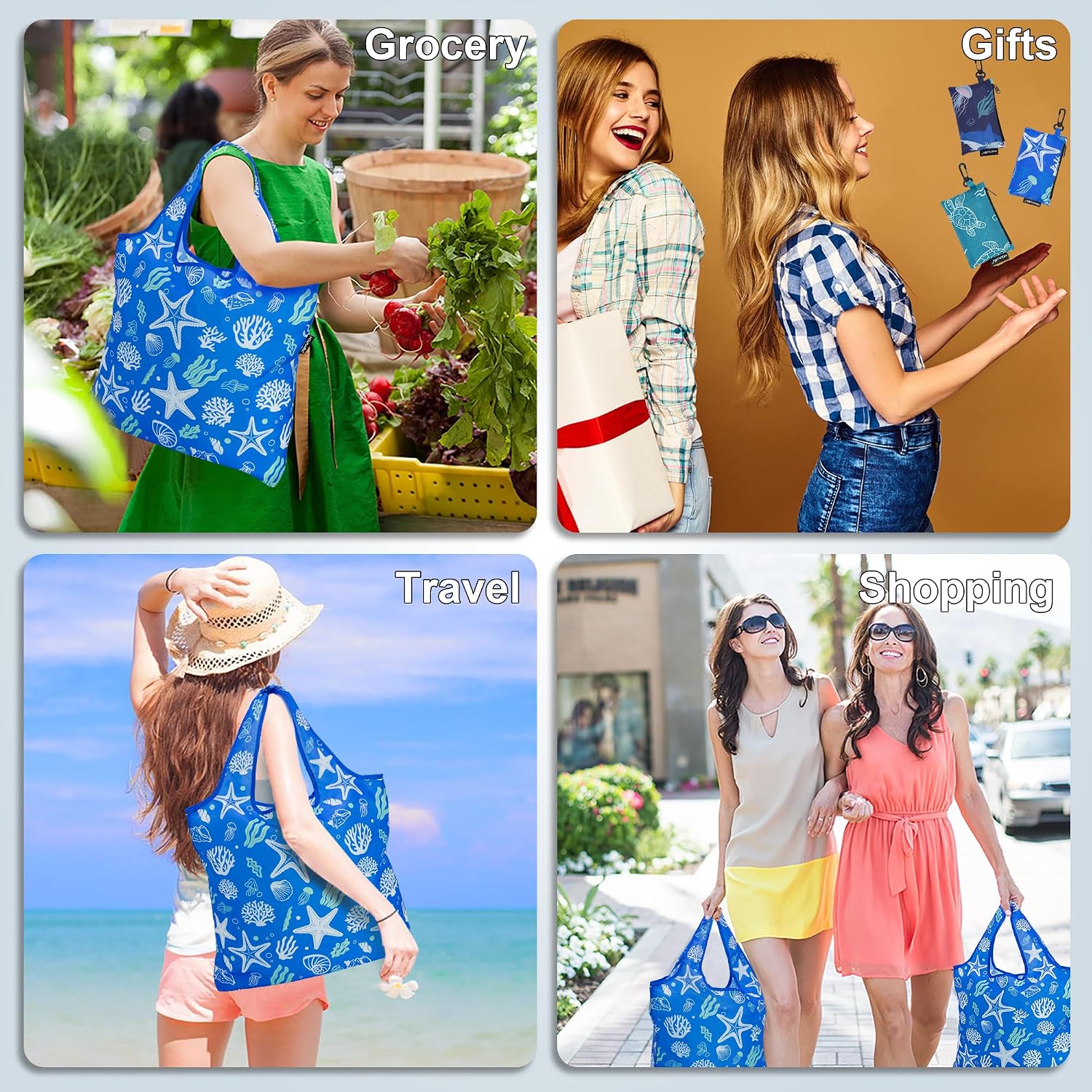 HOLYLUCK Reusable Grocery Bags,Heavy Duty Foldable Shopping Tote Bag (Standard, 3 Blue Geometric Flowers)