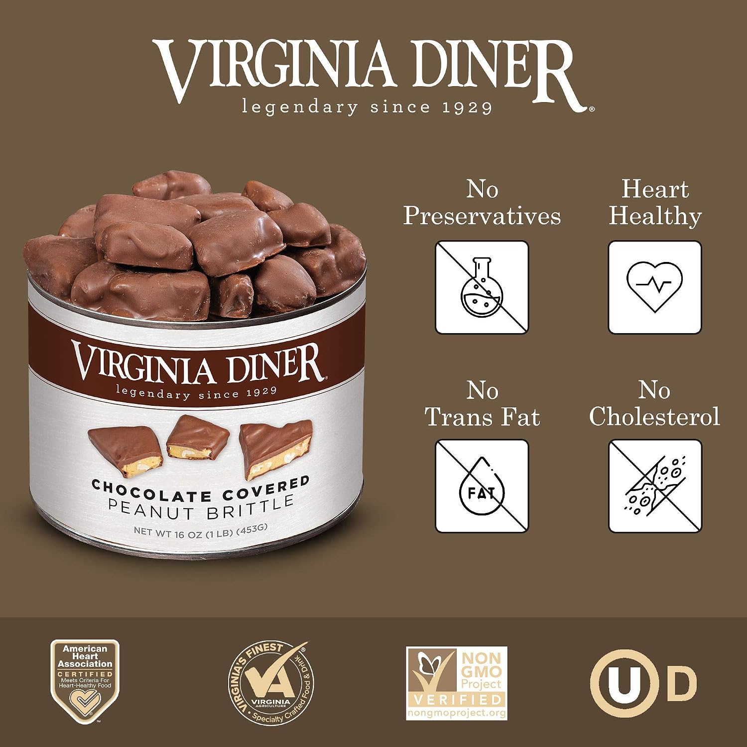 Virginia Diner Chocolate Pecan Dovetail Candy Clusters with Caramel - Preservative Free from Virginia Since 1929-18 Oz