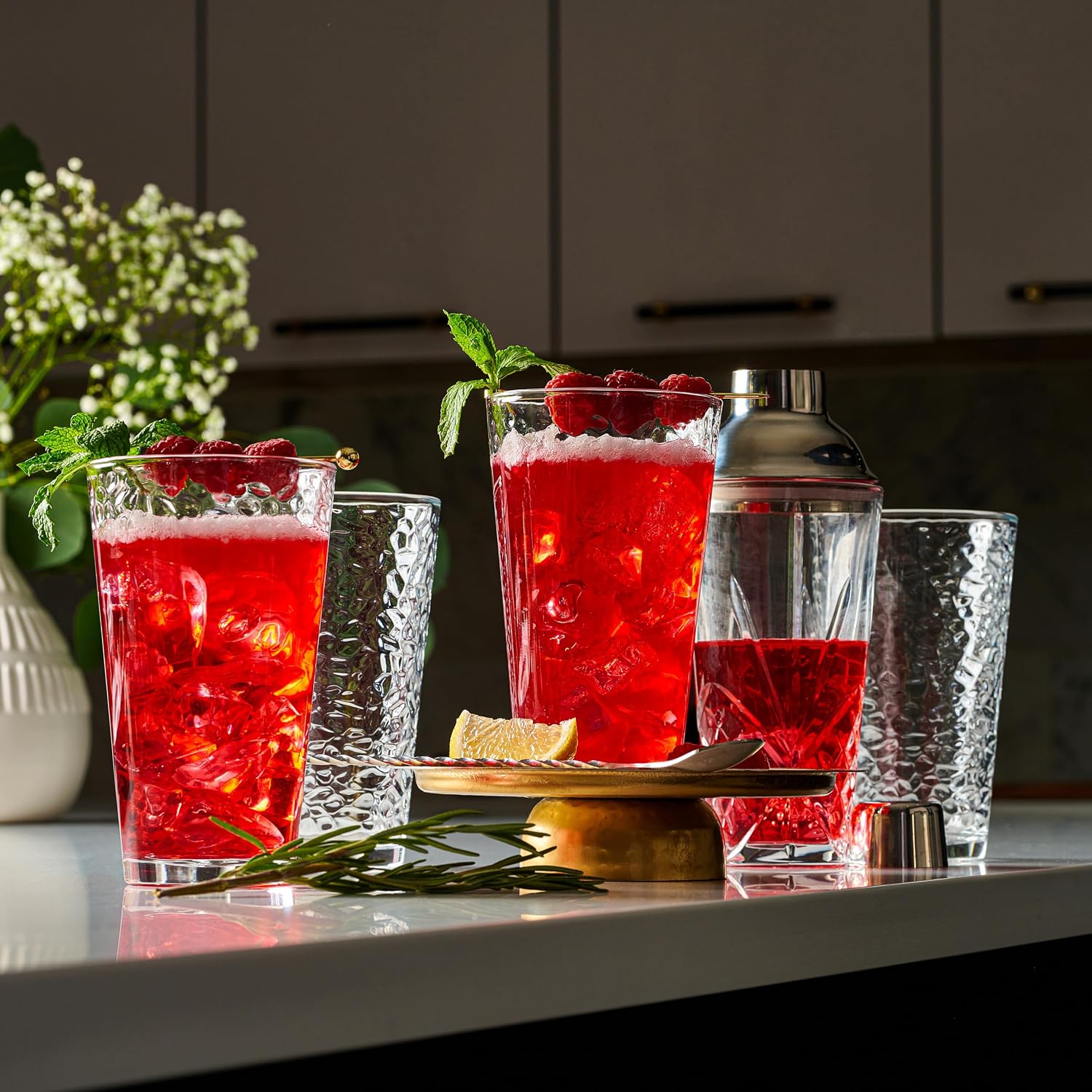 Le'raze Set of 10 Hammered Glass Cups, Clear Heavy Base Drinking Glasses | 16oz, Stackable, Durable, Dishwasher Safe, Freezer Safe, Non Slip