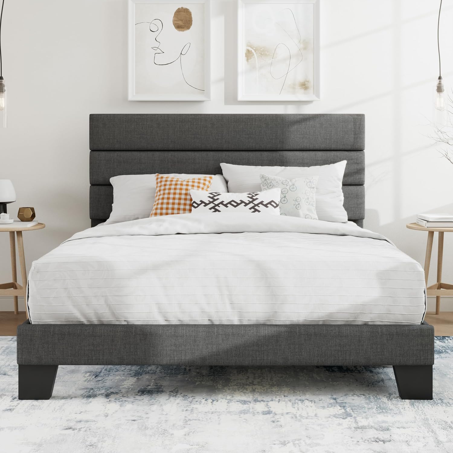 SHA CERLIN Full Platform Bed Frame with Upholstered Fabric Headboard, Grey