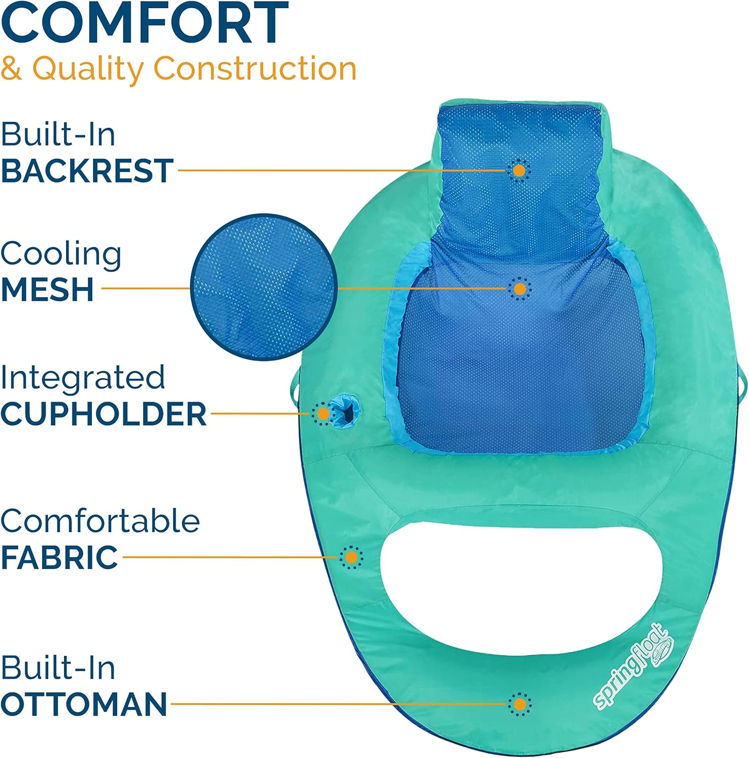 SwimWays Spring Float Recliner Chair for Swimming Pool, Inflatable Pool Floats Adult with Fast Inflation, Cup Holder & Foot Rest for Ages 15 & Up