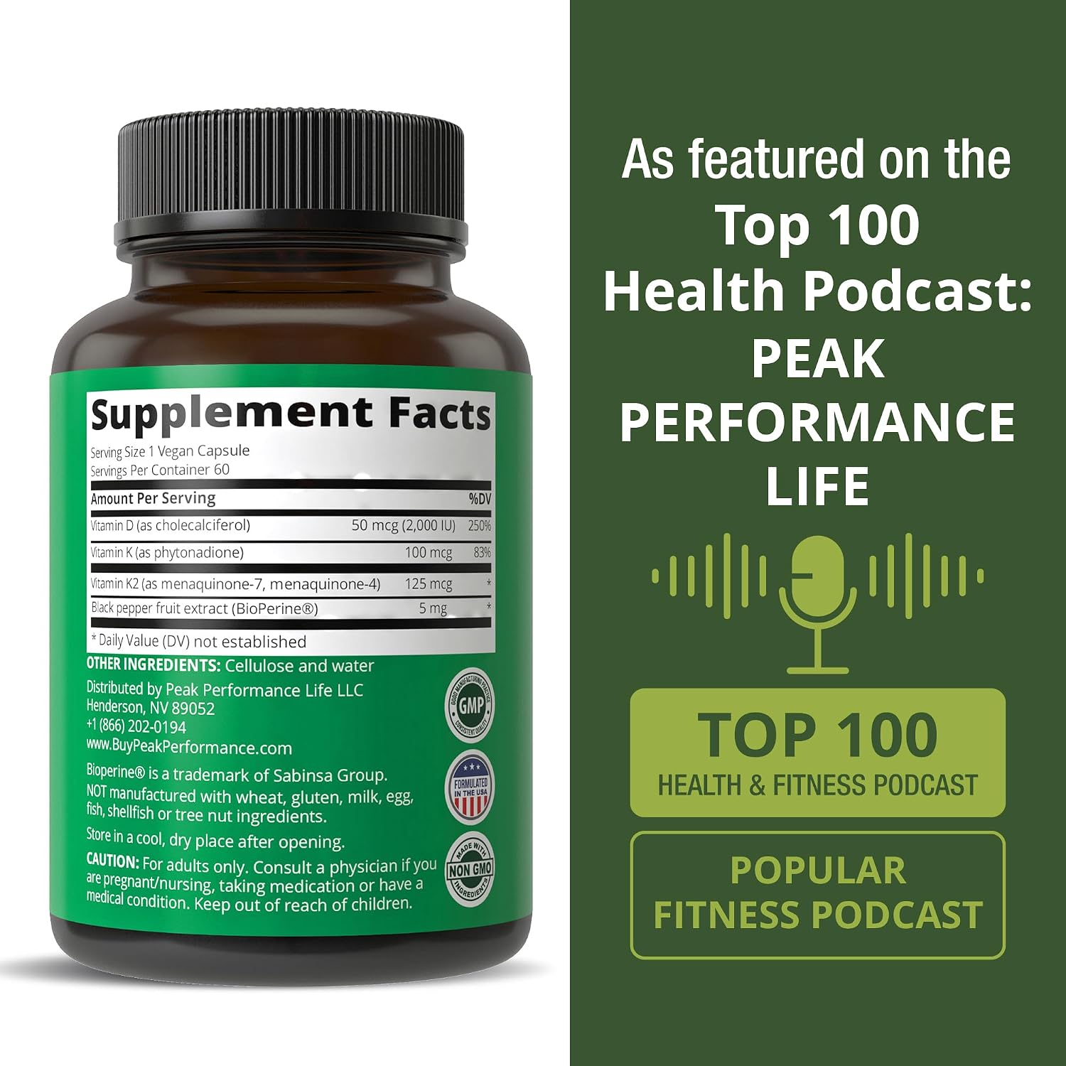 Peak Performance Advanced Vitamin D 2000 IU with All 3 Types of Vitamin K | Vitamin D3 and Vitamin K2, K1, MK-7 (MK7)