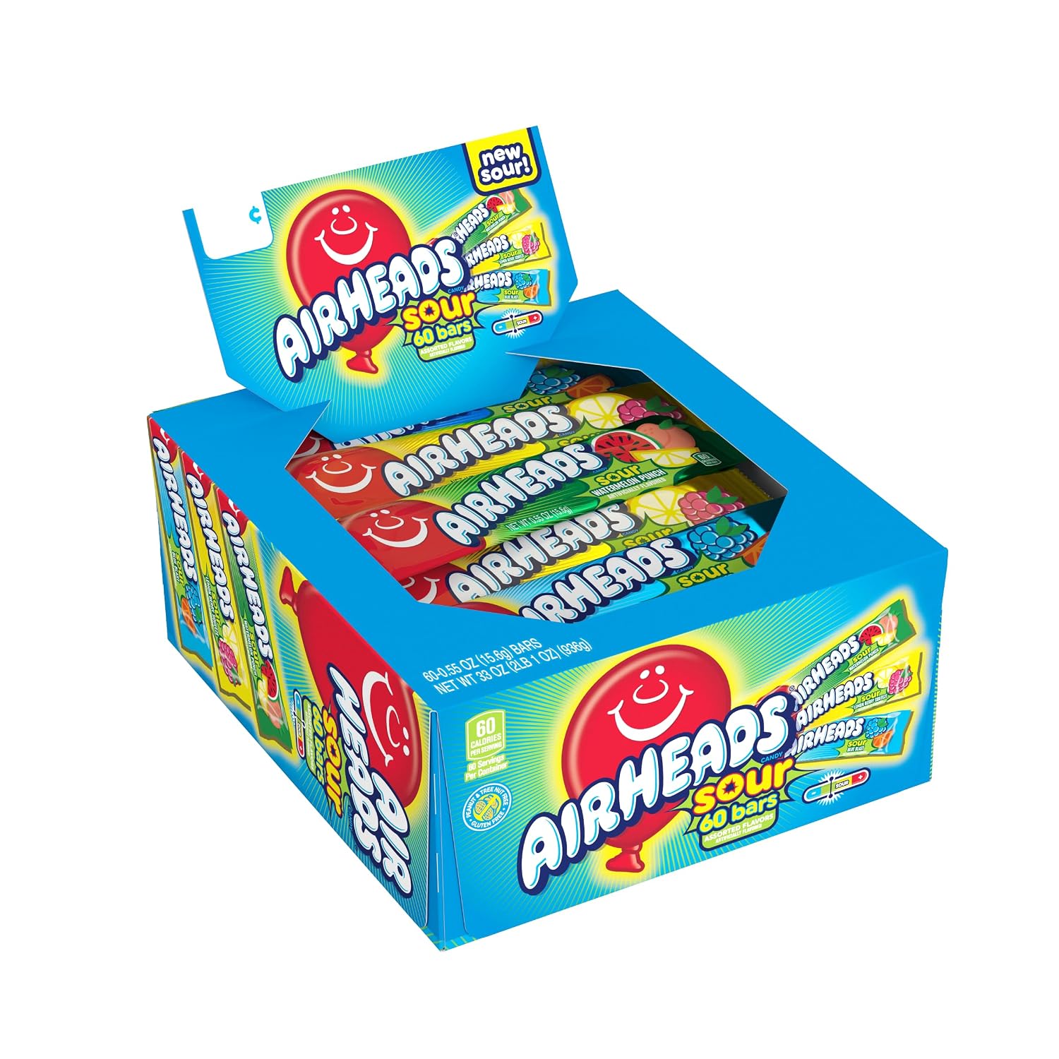 Airheads Full-Size Candy Bars, Assorted Taffy Variety Pack, 60 Count Box | Individually Wrapped Bulk Candy, Six Assorted Fruit Flavors, Artificially Flavored