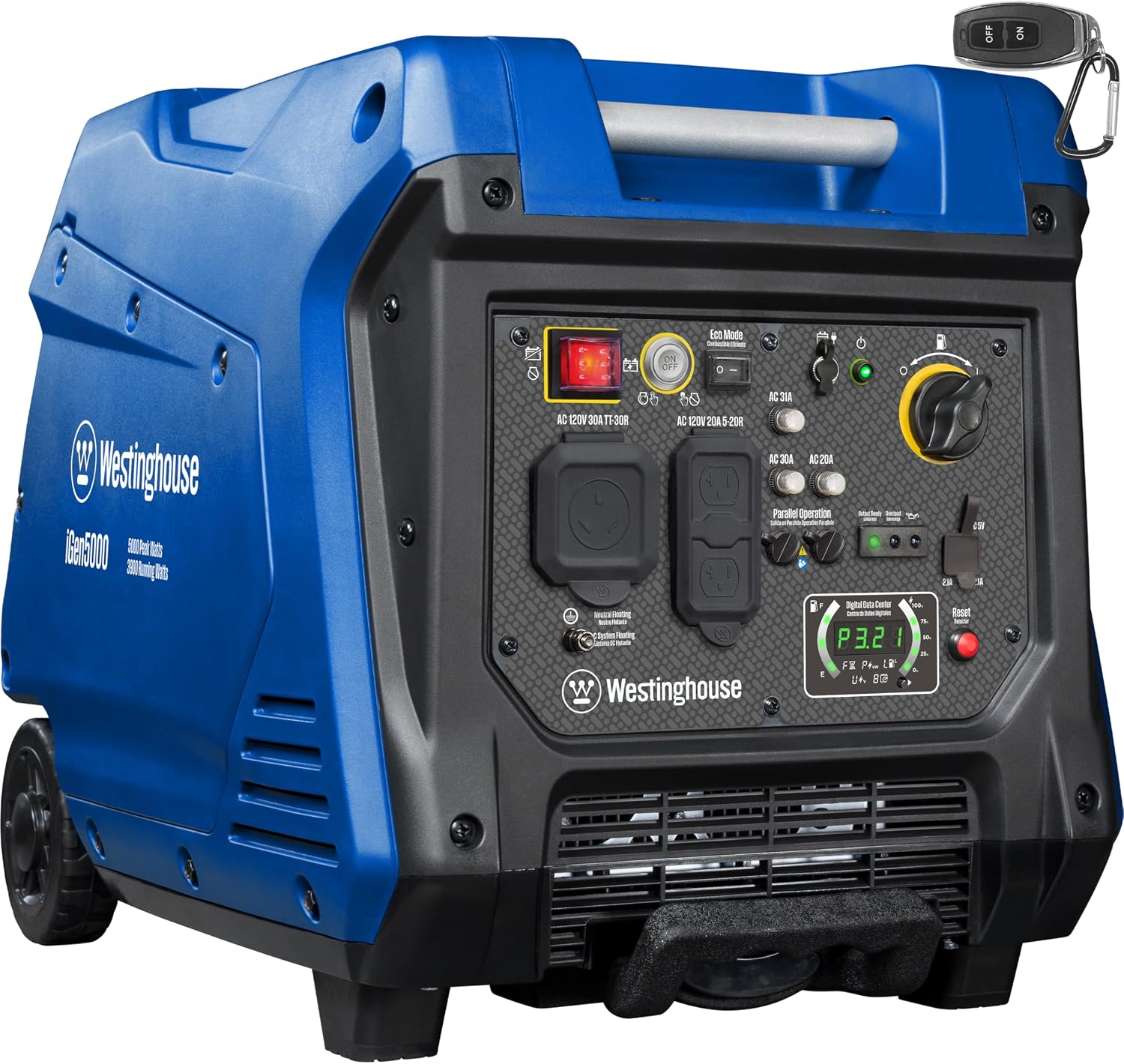 Westinghouse 5000 Peak Watt Super Quiet Portable Inverter Generator, Remote Electric Start with Auto Choke, Wheel & Handle Kit, RV Ready, Gas Powered, Parallel Capable