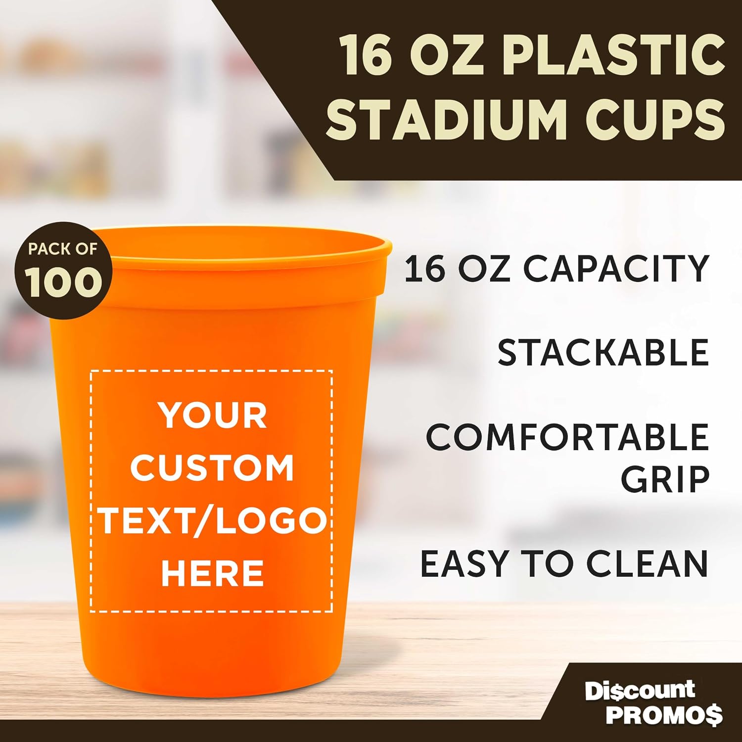 DISCOUNT PROMOS Custom Plastic Stadium Cups 16 oz. Set of 10/50/100, Personalized Bulk Pack - Perfect for Birthdays, Weddings, Picnic, Beach