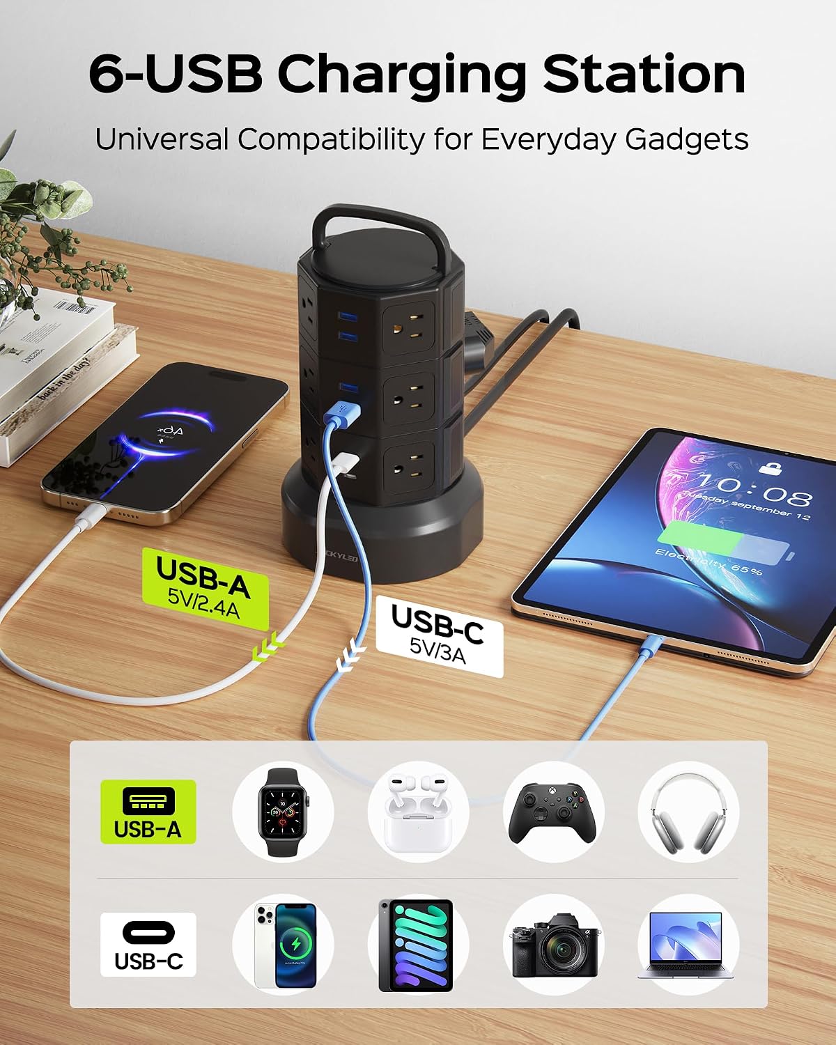 JACKYLED Power Strip Tower Surge Protector, 12 AC 6 USB (2 USB C), 1050J