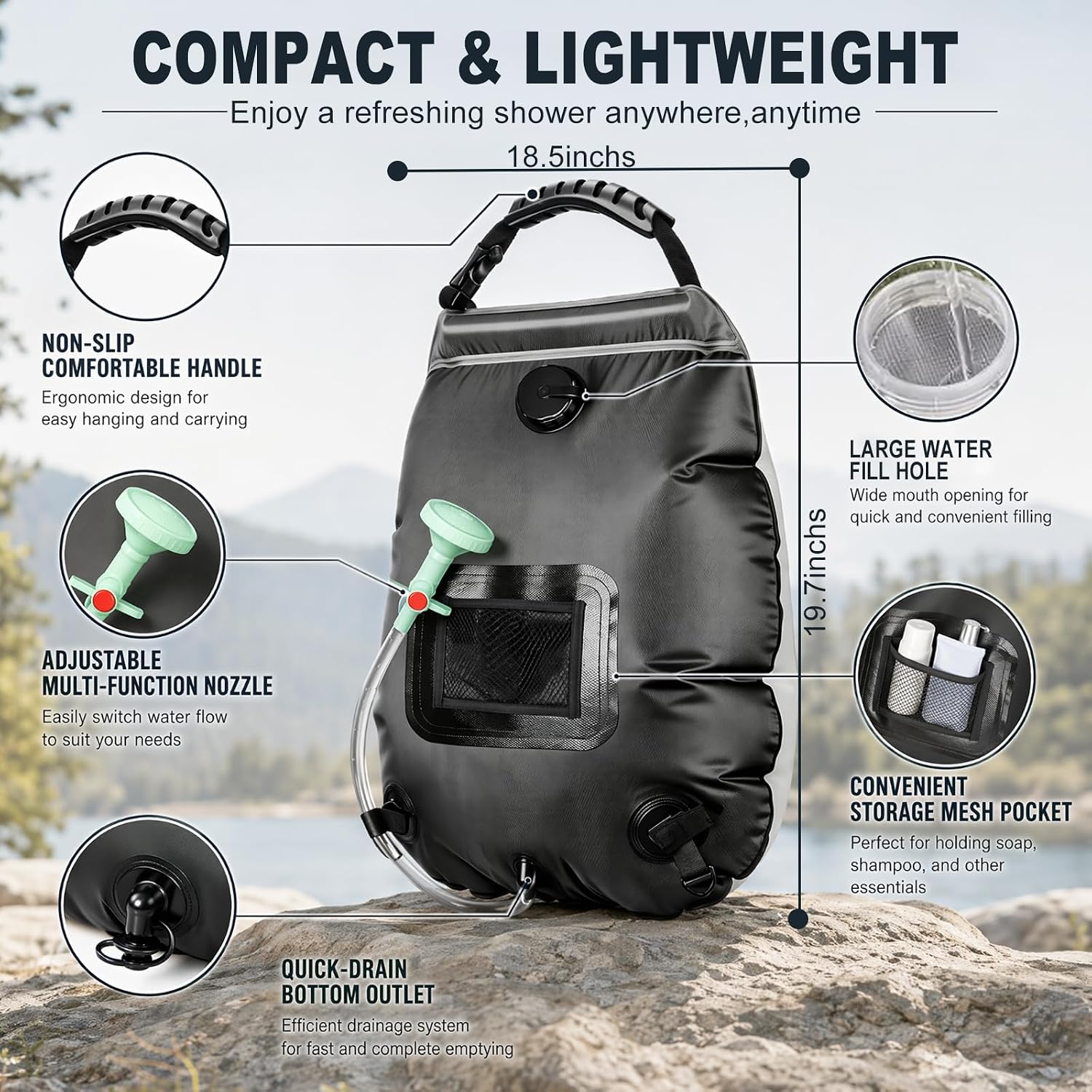 Solar Shower Bag | 5 Gal/20L Solar Heating Camping Shower Bag | Removable Hose | On-Off Switchable Shower Head | Ducha Portatil | Traveling Shower | Portable Shower for Beach Swimming, Hiking