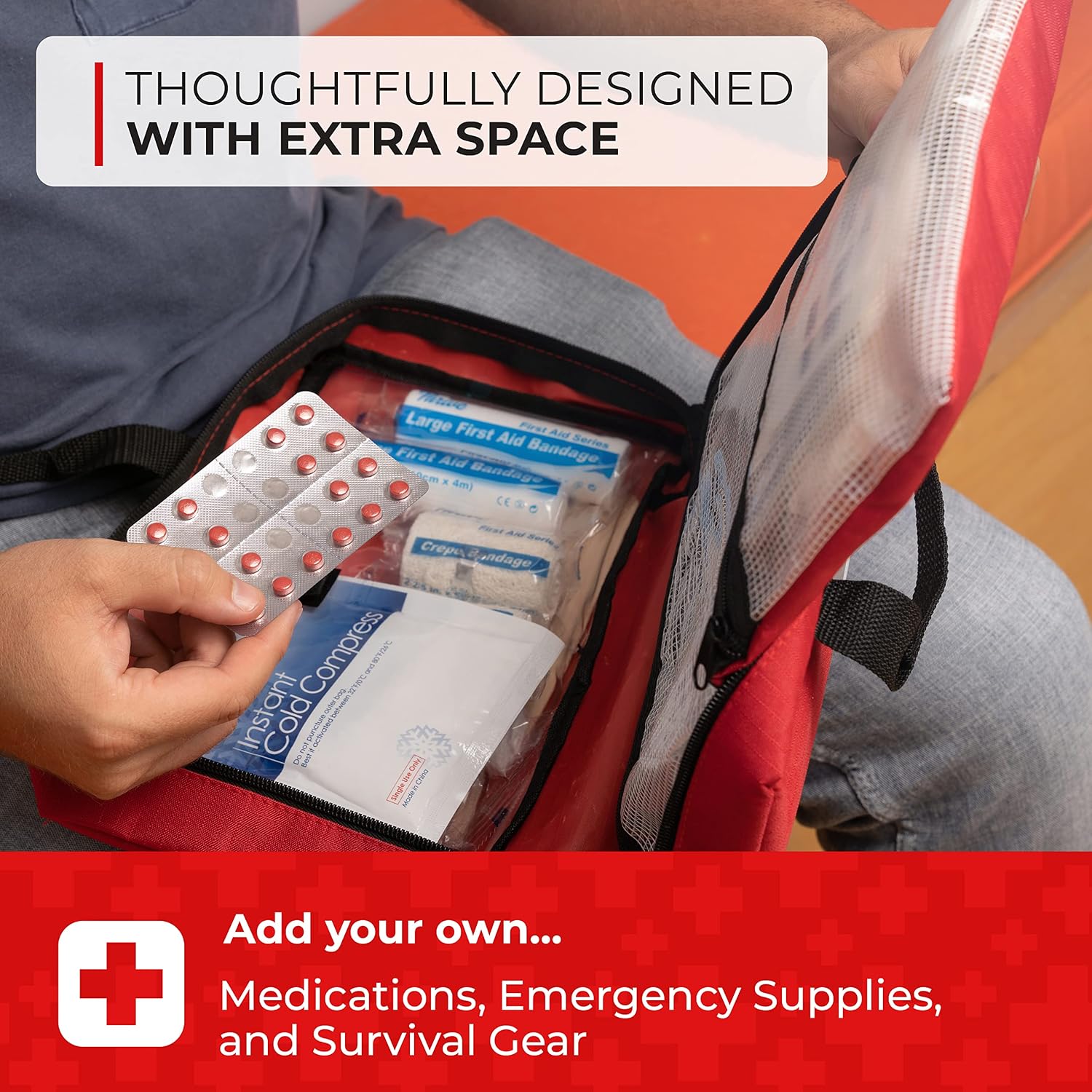 Thrive Mini First Aid Kit - Compact Travel Essentials Pack - Waterproof Camping Essentials Set - Portable Car First Aid Kit & Hiking Supplies Pouch - 66-Piece Set, Red Shell Case