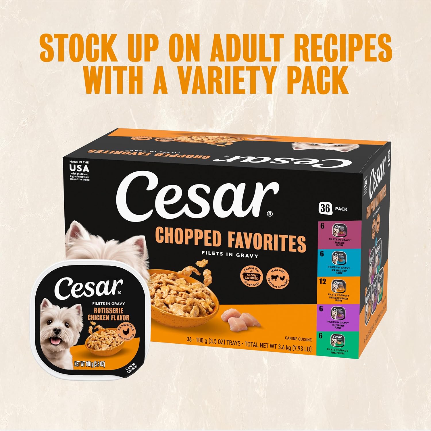 Cesar Filets in Gravy Wet Dog Food, Steak Mix Variety, 3.5 oz, 24 Count | Filet Mignon, New York Strip & Prime Rib, real meat, slow-cooked, no fillers/added sugar/artificial flavors, easy peel trays