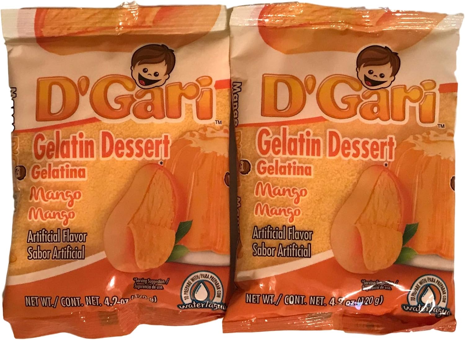 D Gari Pack of 2 Mango Gelatin 4.2oz, Prepare with Water, Quick Snacks, Mango Dessert, Gelatin, Mix, Mexico, Powder