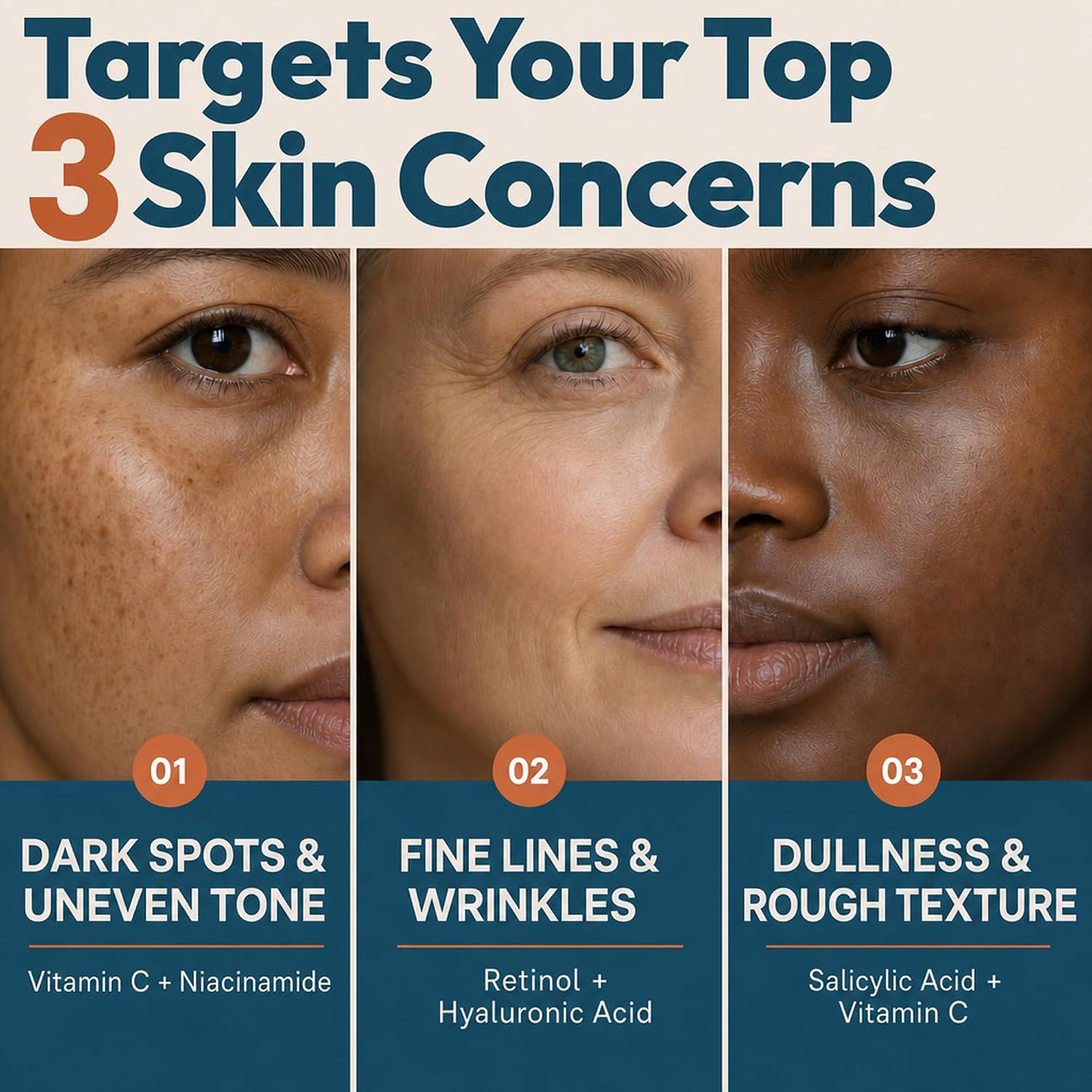 Eva Naturals Vitamin C Serum, Retinol, Niacinamide & Salicylic Acid, 1 oz | Hyaluronic acid, dark spots, brightening, dark spot remover & corrector, anti-aging