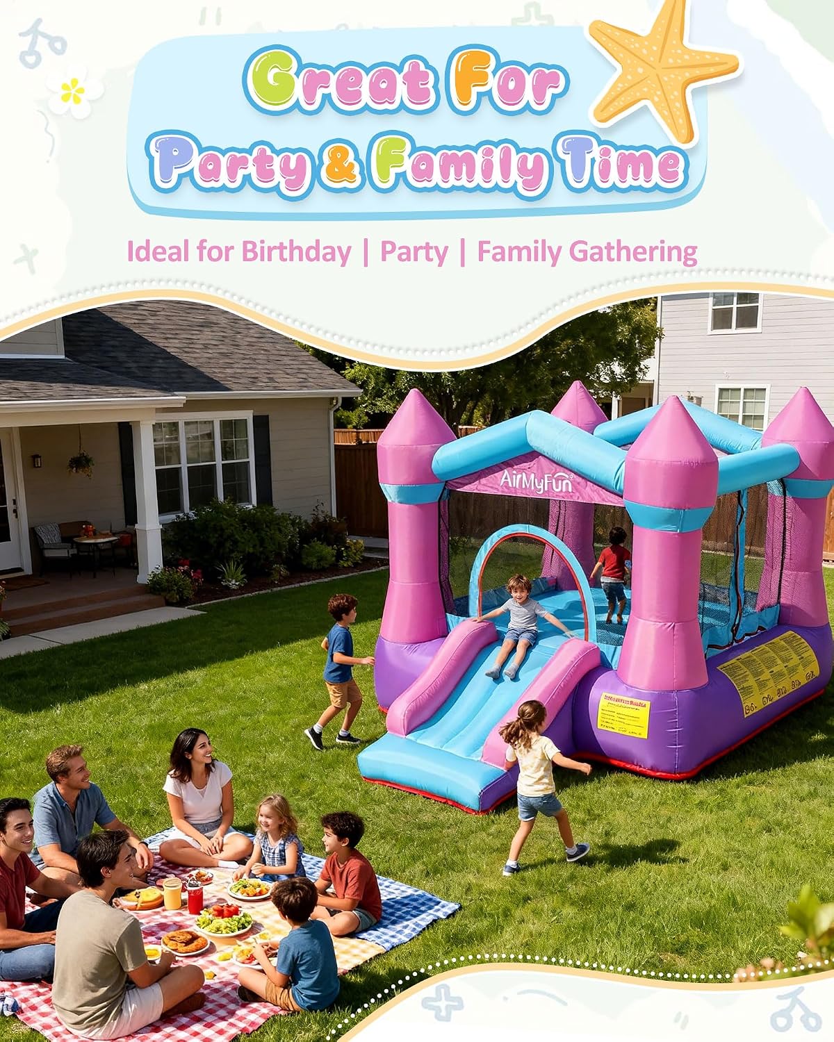 AirMyFun Pink Inflatable Toddler Bounce House with Blower, Indoor/Outdoor Jumping Castle for Kids 3-8, Inflatable Bouncy House with Slide, 82011B