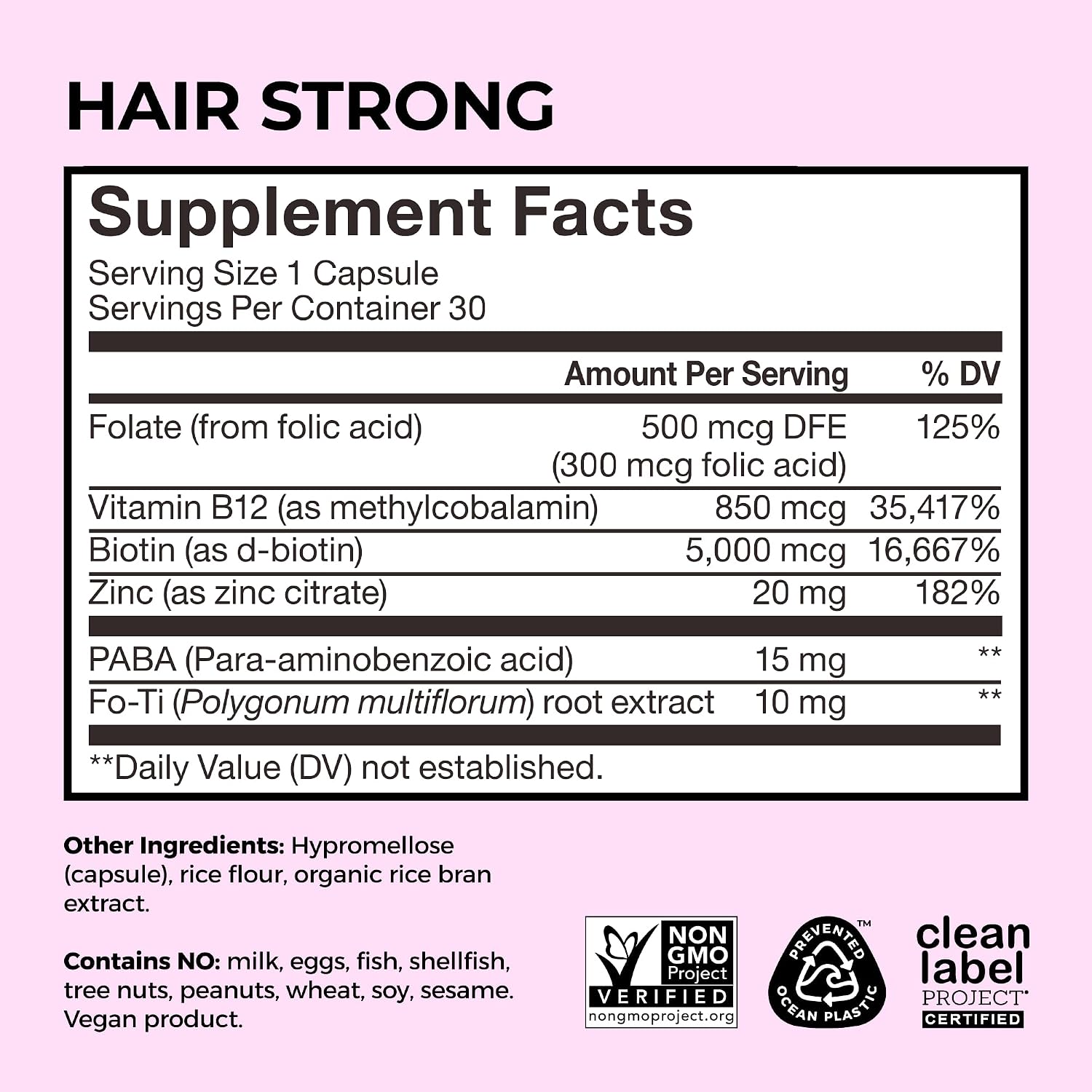 HUM Hair Strong Strawberry Gummies, Hair Growth Support, 60 Count | Folic Acid, Fo-Ti Root Extract, Biotin, Zinc & B12, Vegan Strawberry Gummies, Women & Men
