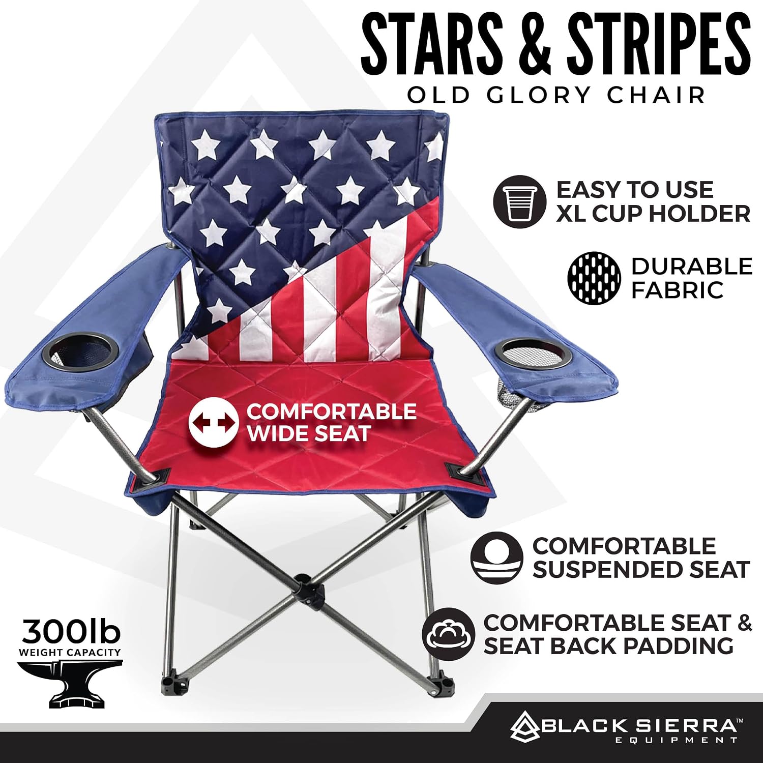 Black Sierra Quilted Padded Camping Chair, Oversized Heavy Duty Outdoor Lounge Seat Supports 300 lbs, Portable, Folding with Cup Holder for Beach, Tailgating, Sports, Patio