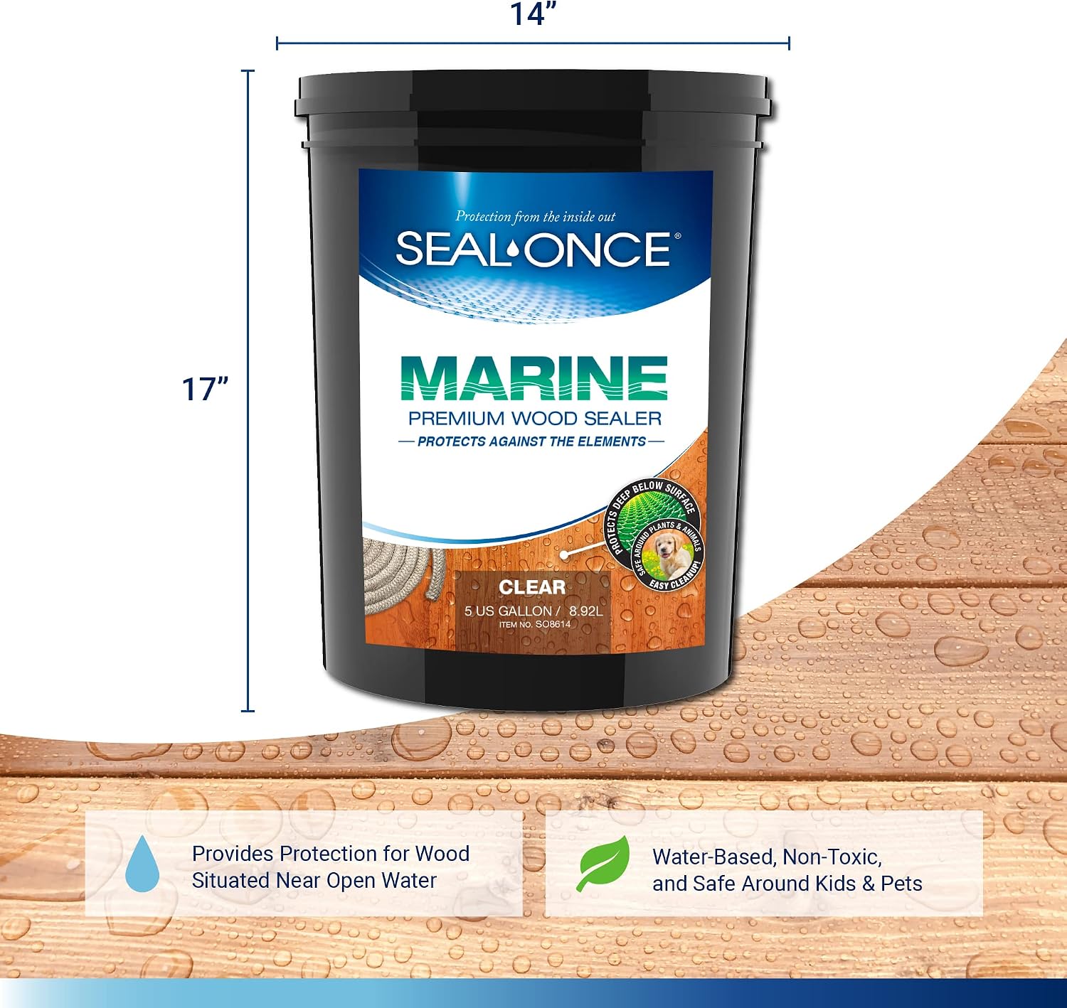 SEAL-ONCE Marine Penetrating Wood Sealer and Waterproofer, Clear, 1 Gallon | Waterproofer & Stain, Water-Based, Ultra-low VOC formula, For high-moisture areas