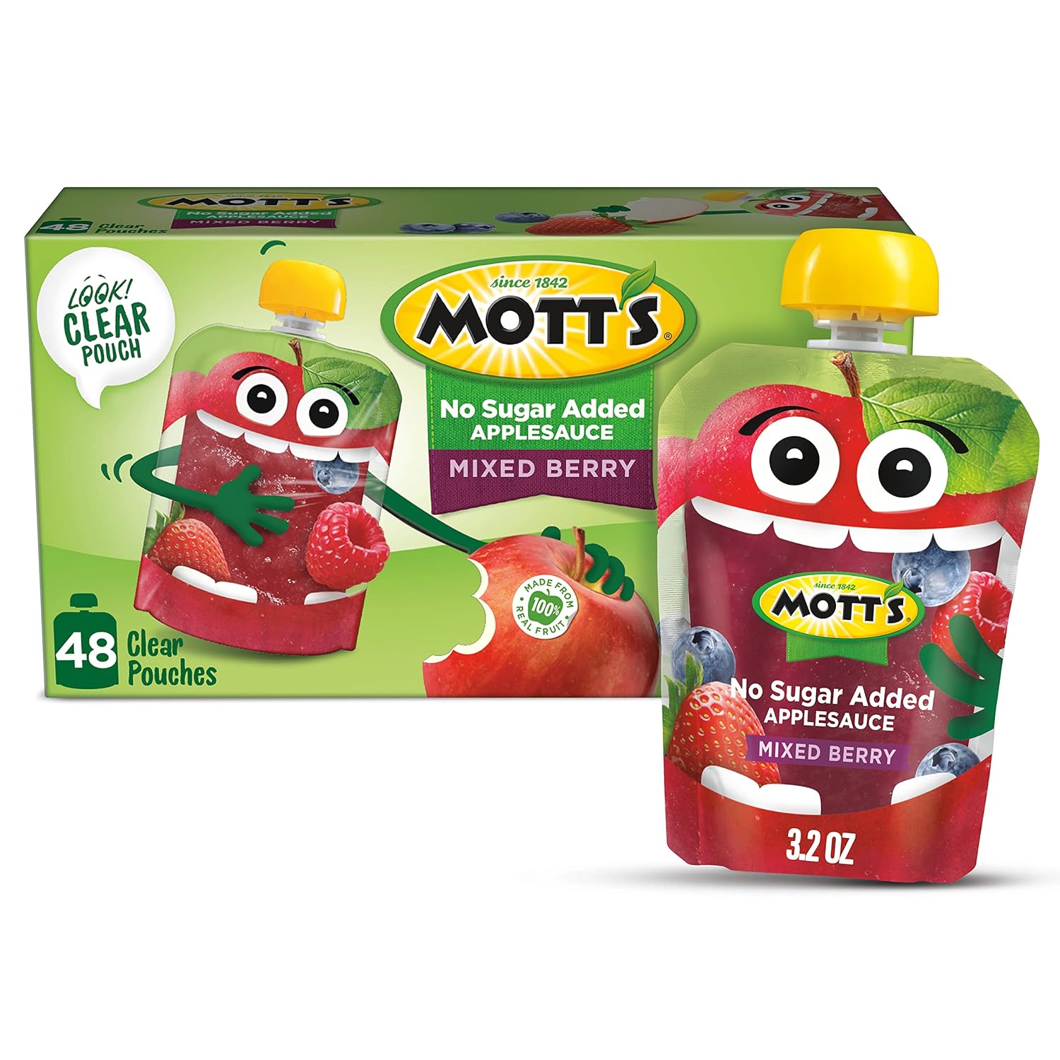 Mott's No Sugar Added Strawberry Applesauce, 3.2 Oz Clear Pouches, 48 Count (4 Packs Of 12), Good Source Of Vitamin C, No Artificial Flavors