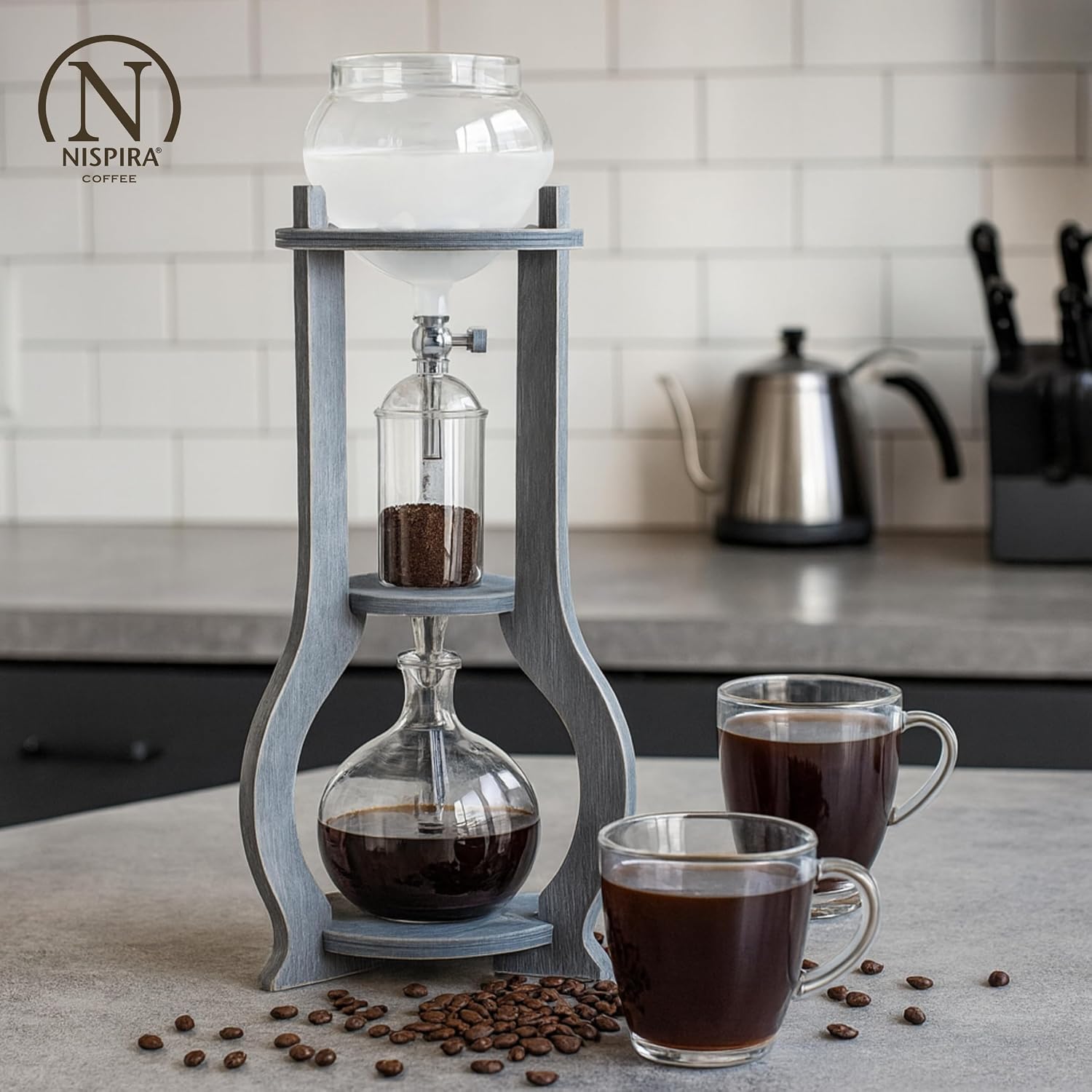 Nispira Iced Coffee Cold Brew Drip Tower Coffee Maker, 6–8 Cup Manual Cold Brew Brewer with Adjustable Valve, Wooden Frame & Glassware, Slow Cold Extraction System