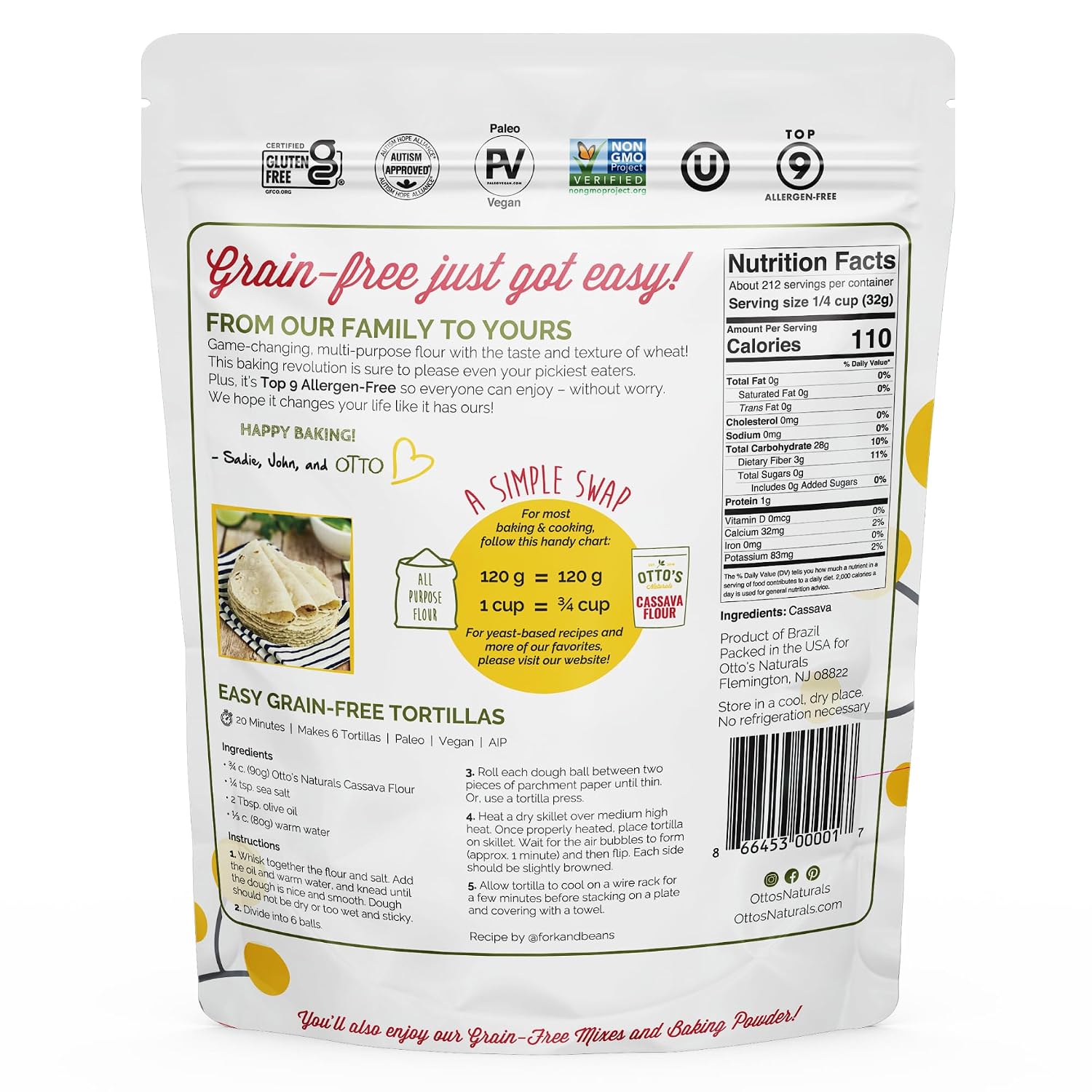 Otto's Naturals Multi-Purpose Cassava Flour, 2 LB. | All Purpose Wheat Replacement, Top 9 Allergen Friendly, Use for Bread, Cake and Crust, Gluten & Grain Free, Non-GMO, Nut-Free