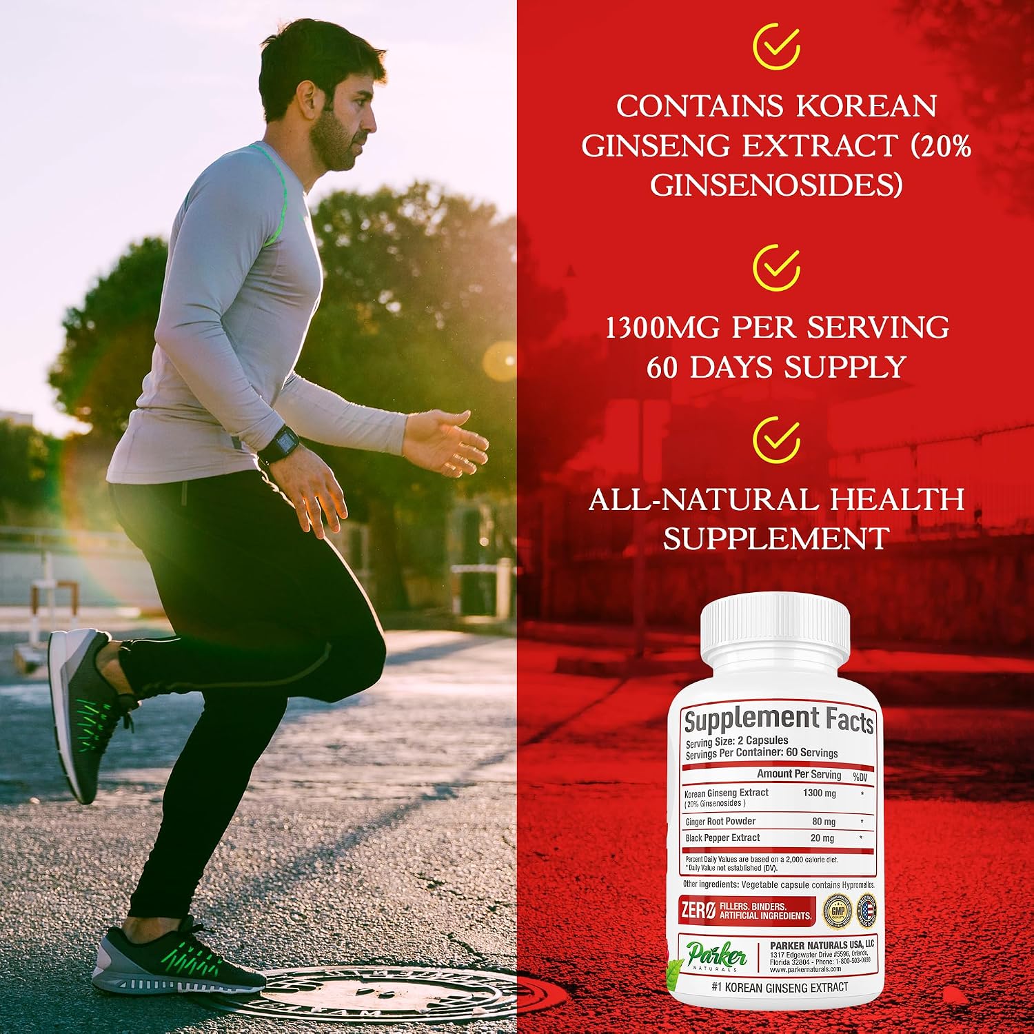 Korean Red Ginseng Extract, 1300mg Extract with Ginger Root and Black Pepper, 20% Ginsenosides Red Panax Ginseng Supplement, 120 Caps