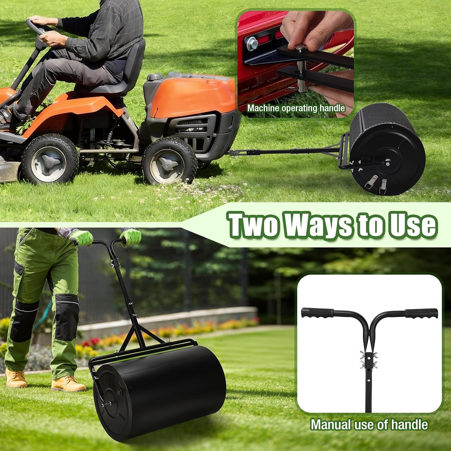 24 Inch Compost Spreader & Lawn Roller, Featuring One Mesh Roller and One 23 Gallon Hollow Roller, Push & Tow Design