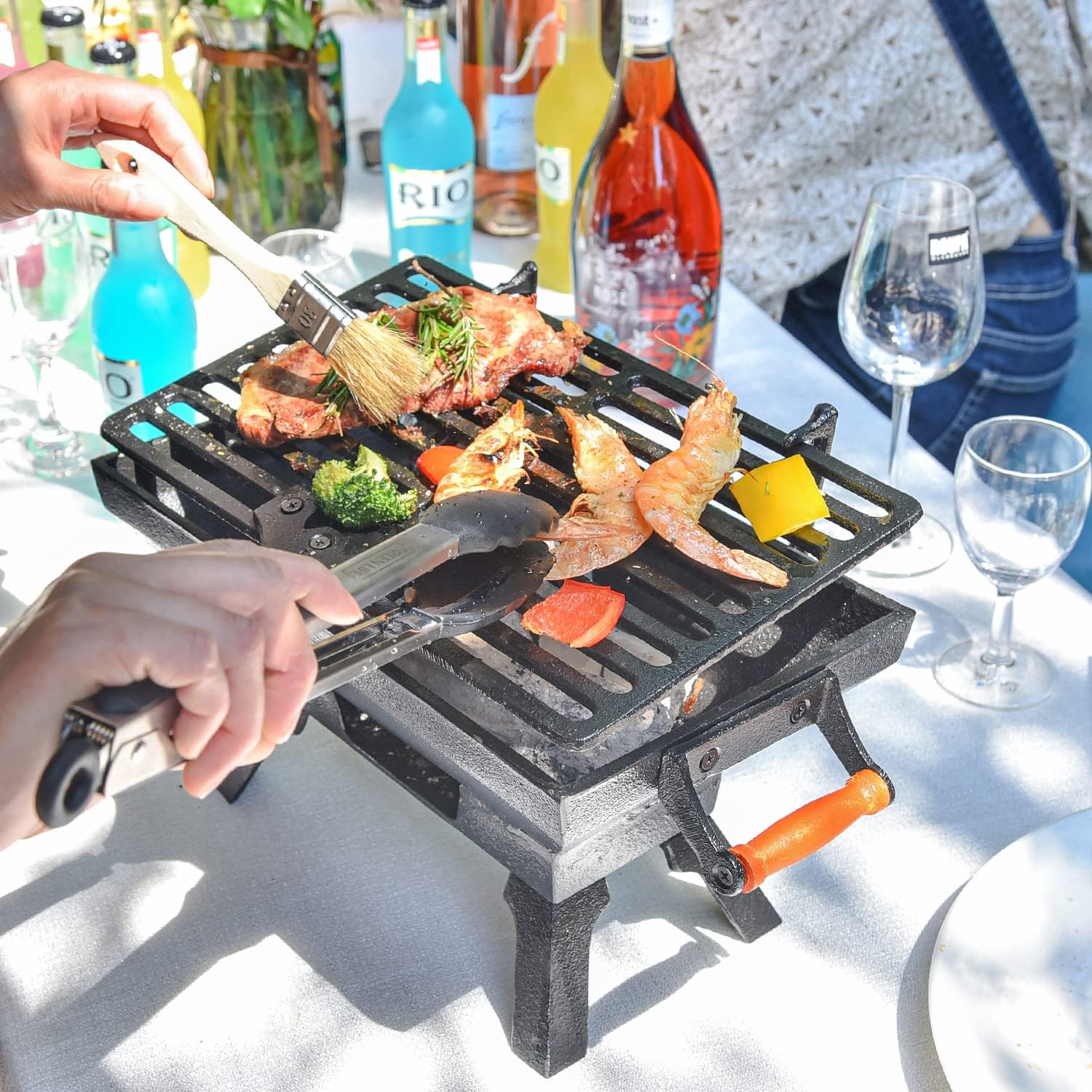 Sungmor Compact Cast Iron Charcoal Grill - Tabletop BBQ Grill with Adjustable Grate & Wooden Handles