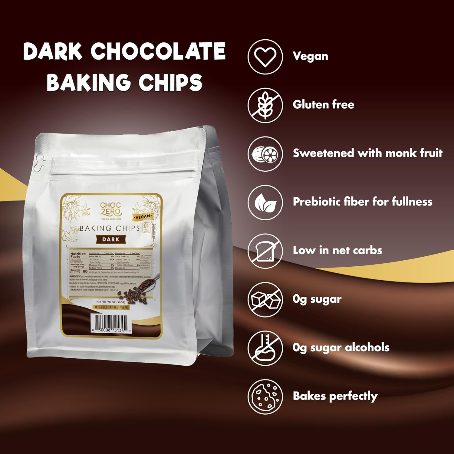 ChocZero Sugar Free Chocolate Chips, Milk Chocolate, 20 oz Bag