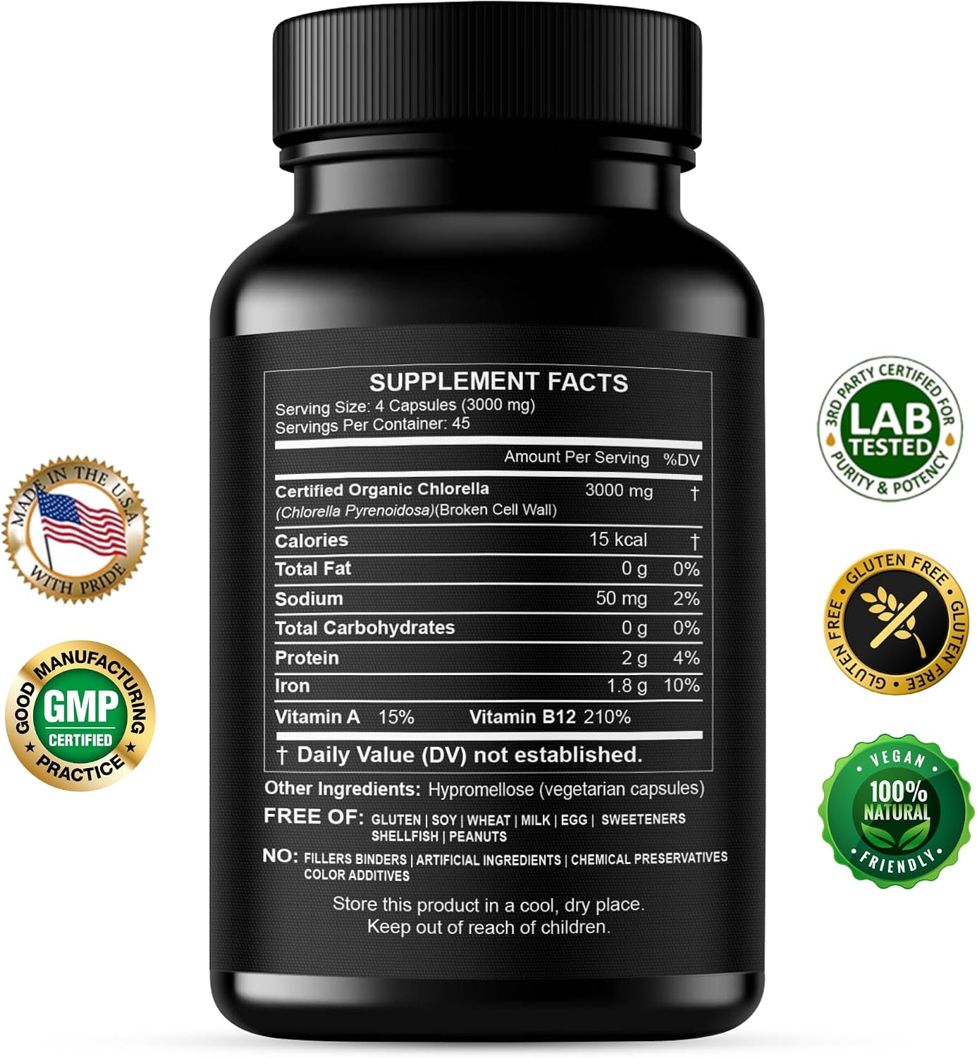 Chlorella Capsules 3000 mg - Cracked Cell Wall Blue Green Algae Supplement - Best Natural Detox Cleanse - Plant Vitamins Minerals Chlorophyll Vegan